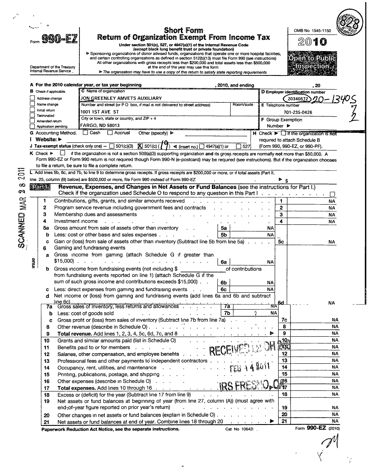 Image of first page of 2010 Form 990EO for Amvets (7)