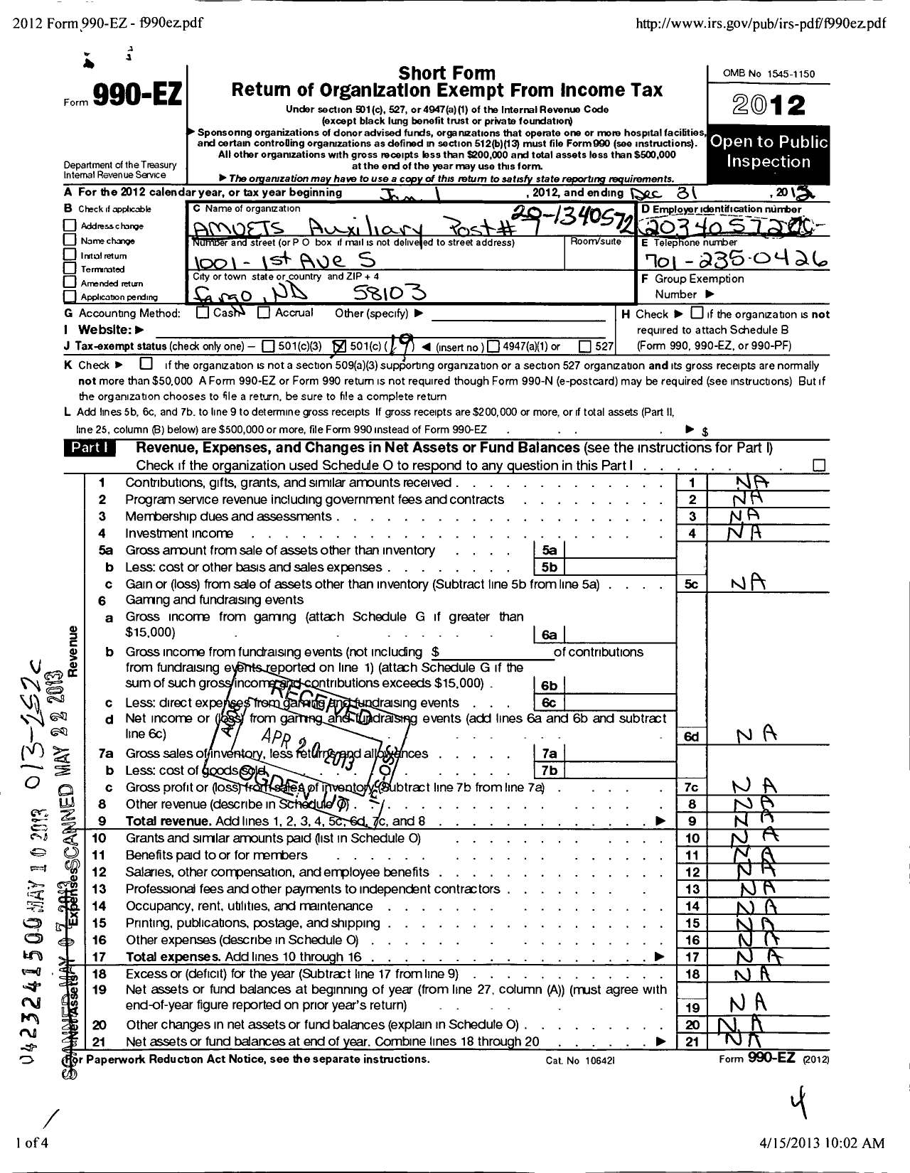 Image of first page of 2012 Form 990EO for Amvets (7)