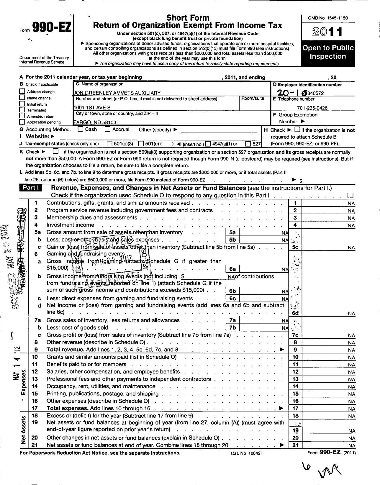 Image of first page of 2011 Form 990EO for Amvets (7)