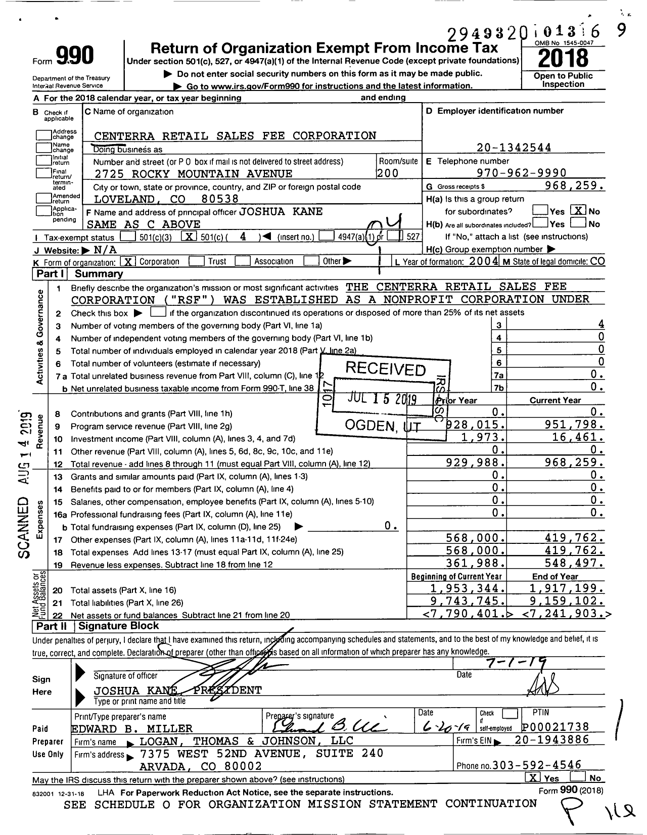 Image of first page of 2018 Form 990O for Centerra Retail Sales Fee Corporation