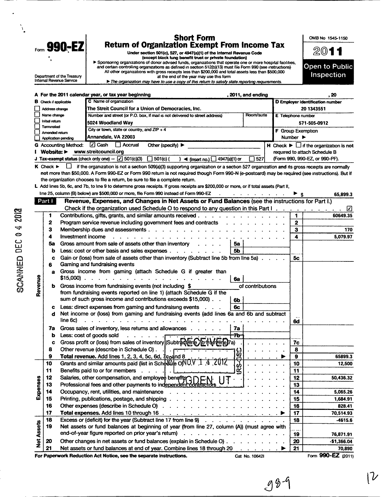 Image of first page of 2011 Form 990EZ for Streit Council for A Union for Democracies