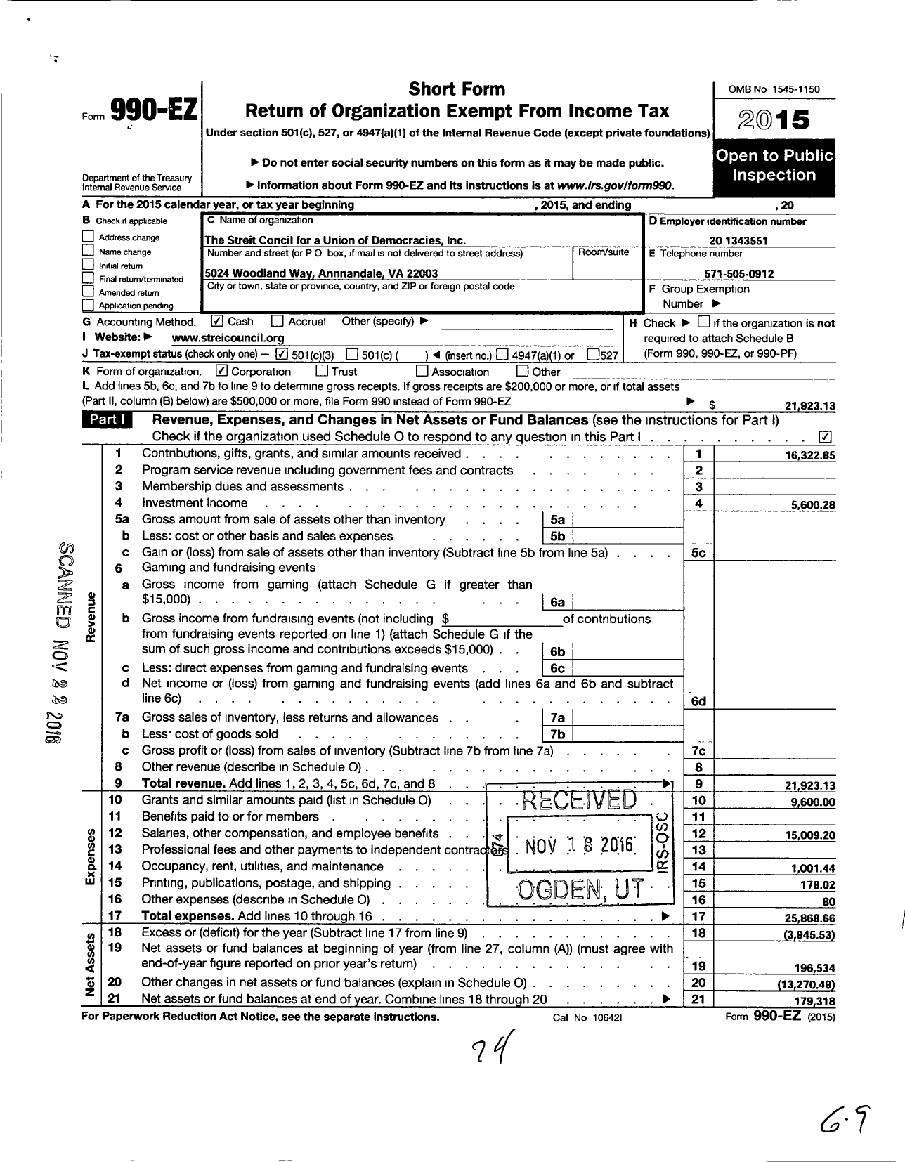 Image of first page of 2015 Form 990EZ for Streit Council for A Union for Democracies