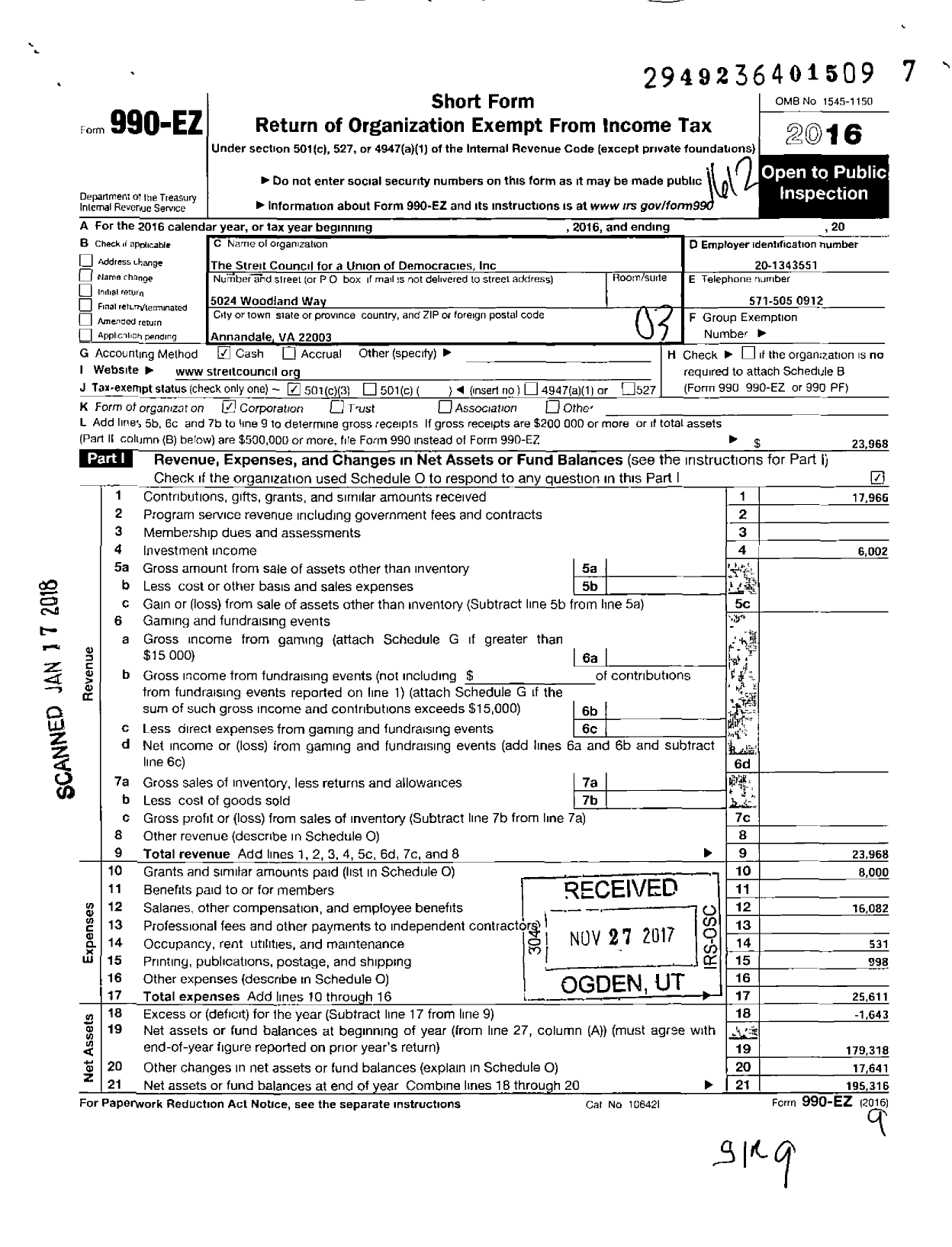 Image of first page of 2016 Form 990EZ for Streit Council for A Union for Democracies