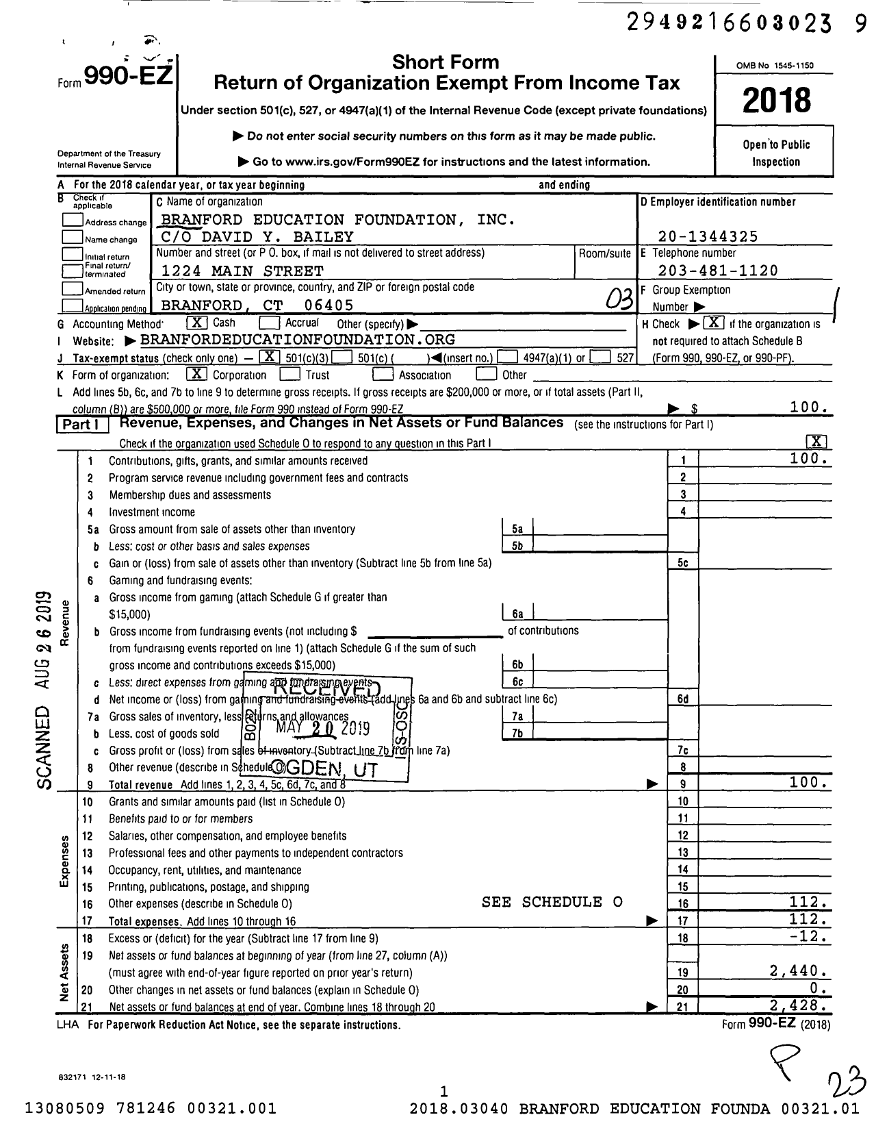 Image of first page of 2018 Form 990EZ for Branford Education Foundation