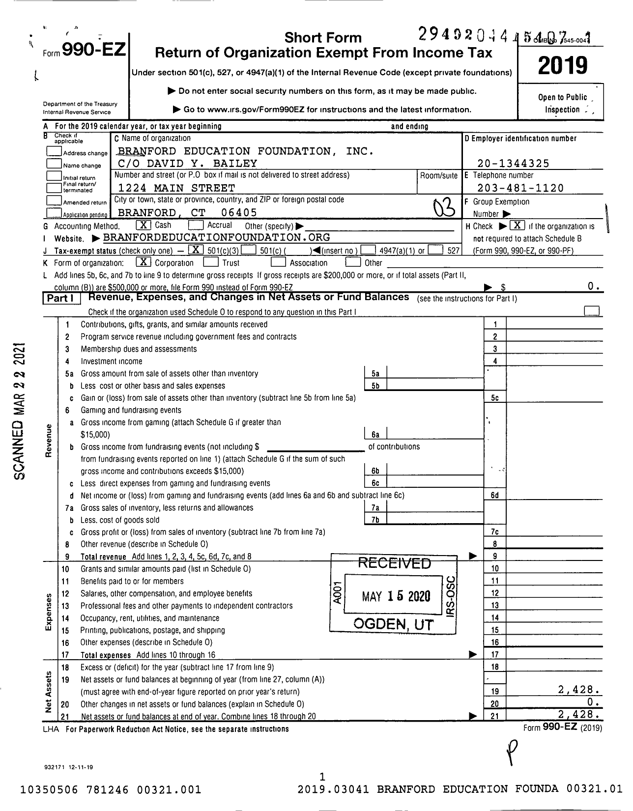 Image of first page of 2019 Form 990EZ for Branford Education Foundation