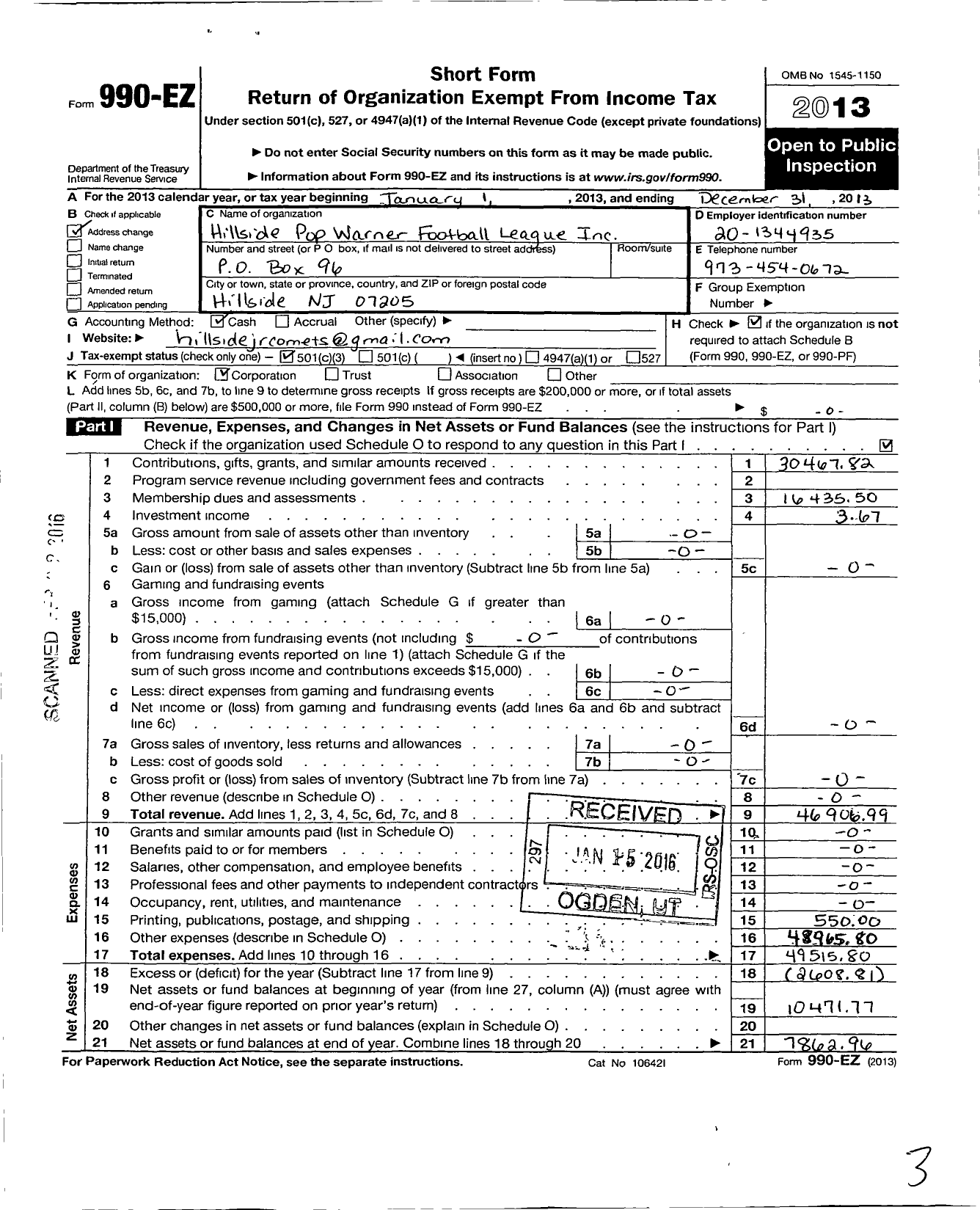 Image of first page of 2013 Form 990EZ for Pop Warner Little Scholars / Hillside Pop Warner Football League