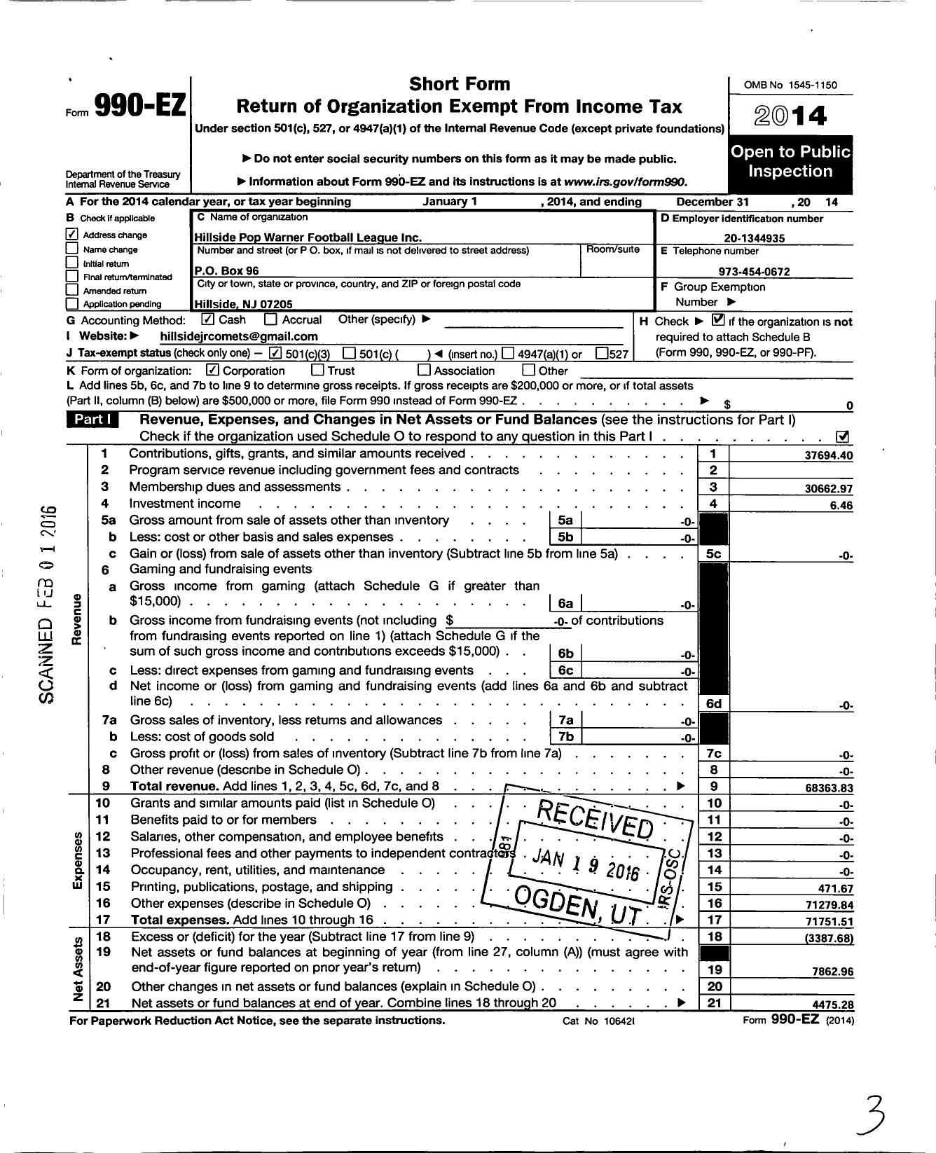 Image of first page of 2014 Form 990EZ for Pop Warner Little Scholars / Hillside Pop Warner Football League