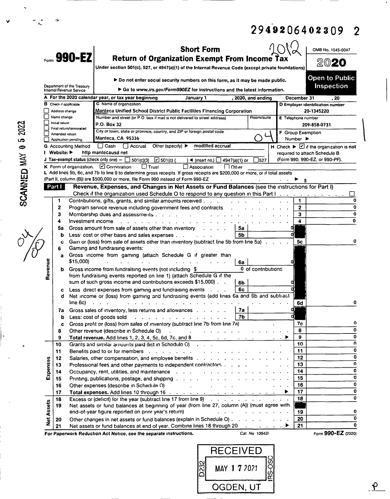 Image of first page of 2020 Form 990EO for Manteca Unified School District Public Facilities Financing Corp