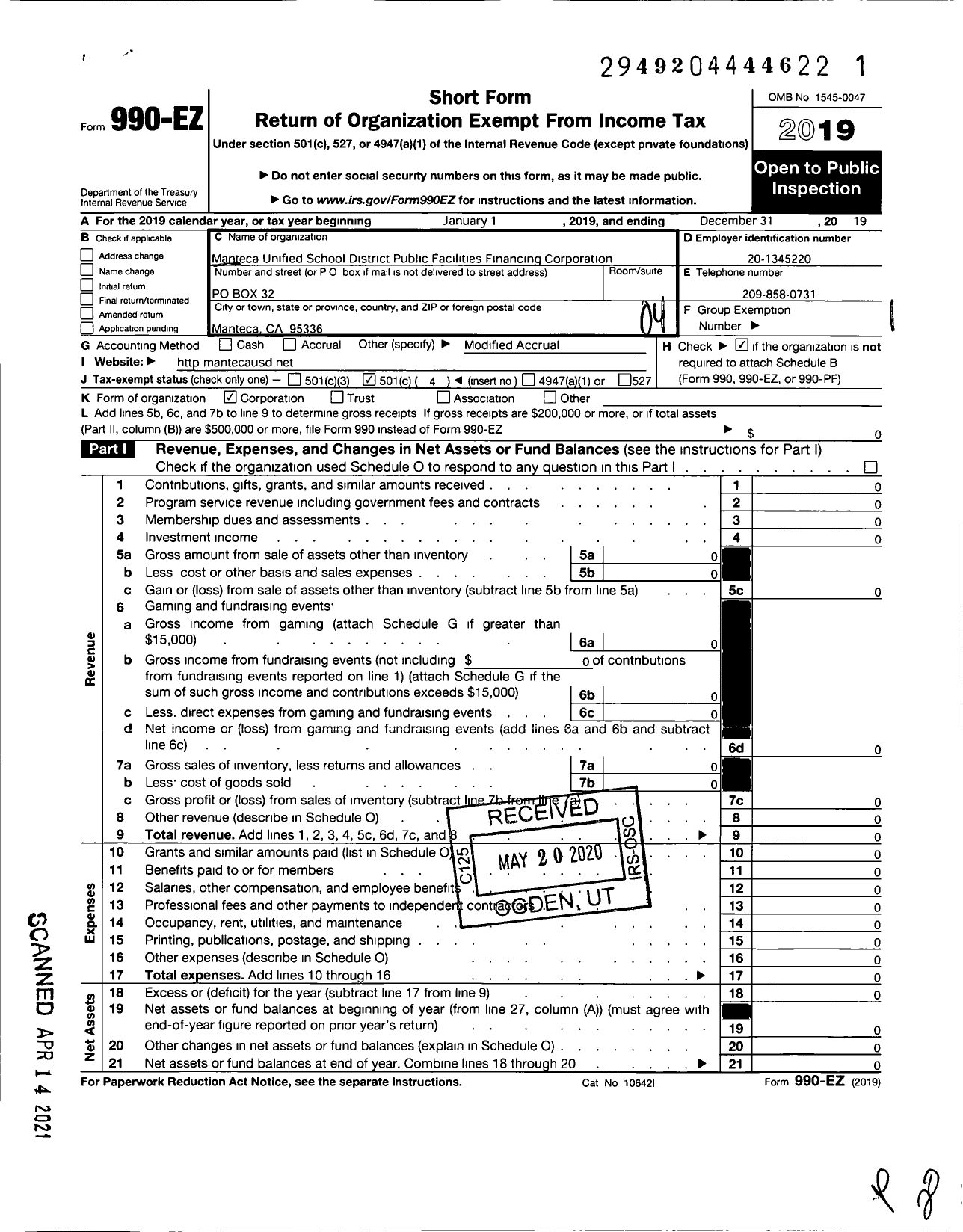 Image of first page of 2019 Form 990EO for Manteca Unified School District Public Facilities Financing Corp