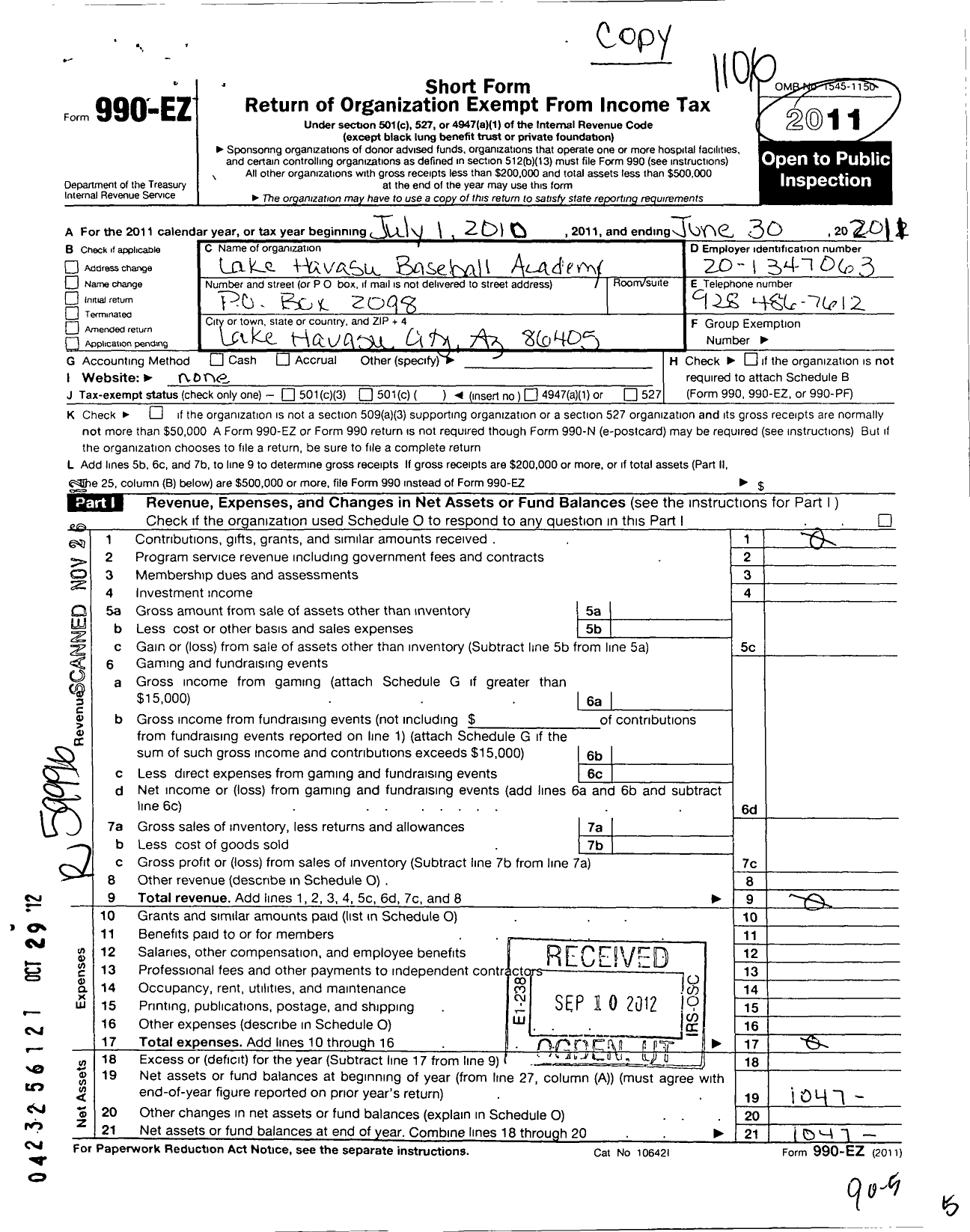 Image of first page of 2010 Form 990EO for Lake Havasu Baseball Academy