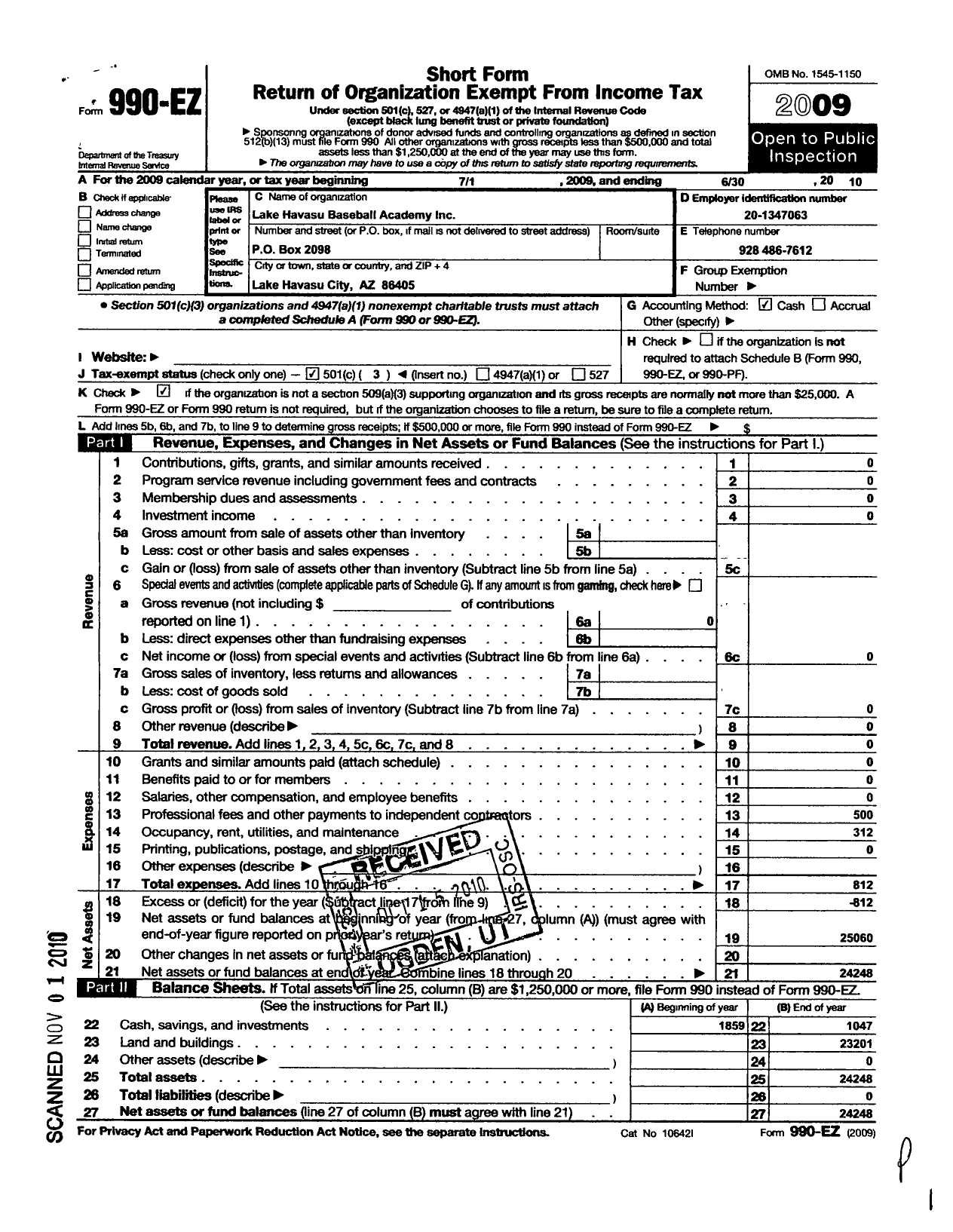 Image of first page of 2009 Form 990EZ for Lake Havasu Baseball Academy