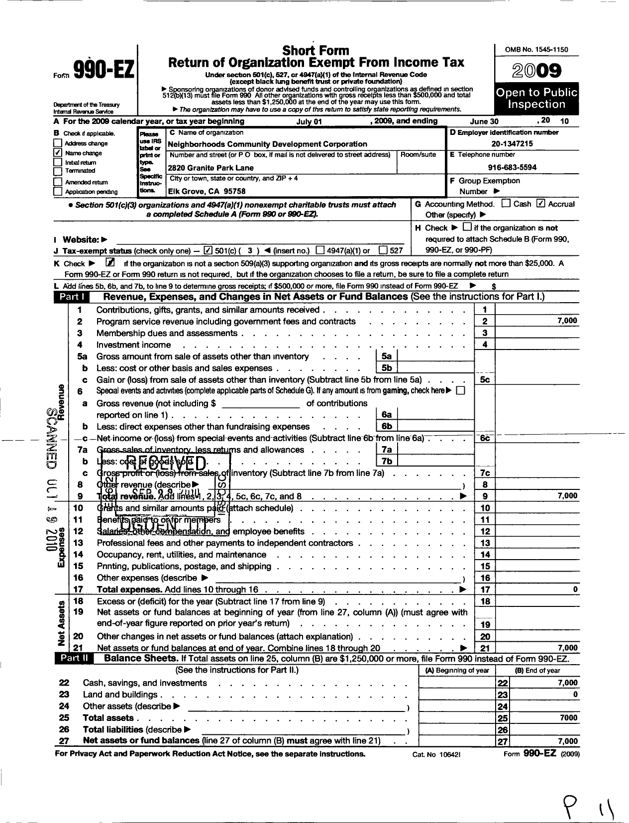 Image of first page of 2009 Form 990EZ for Neighborhoods Community Development Corporation