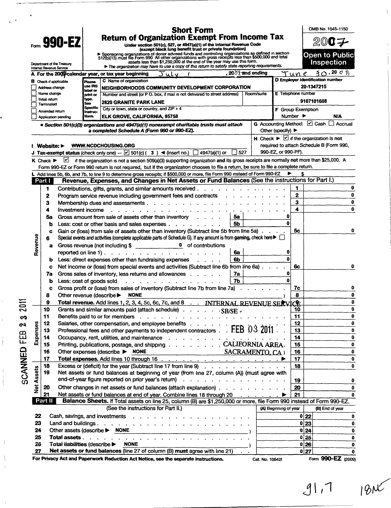 Image of first page of 2007 Form 990EZ for Neighborhoods Community Development Corporation