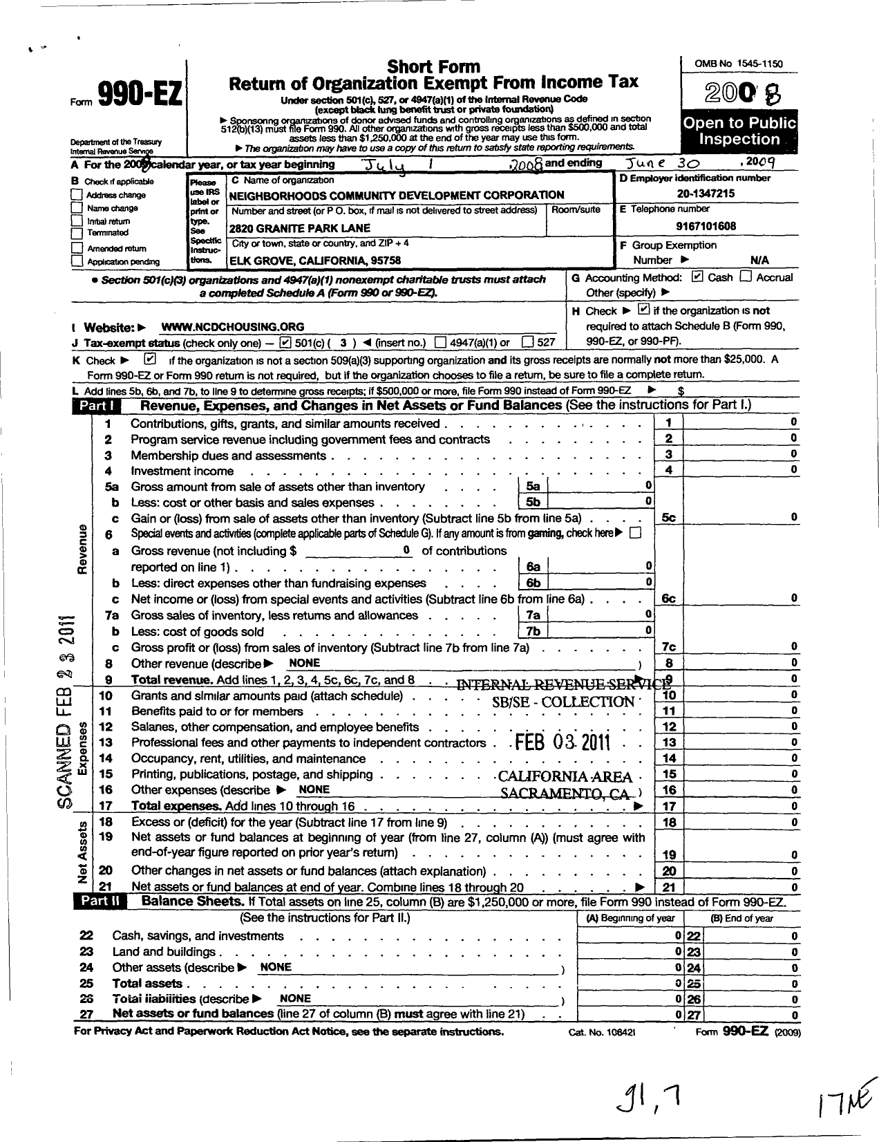 Image of first page of 2008 Form 990EZ for Neighborhoods Community Development Corporation