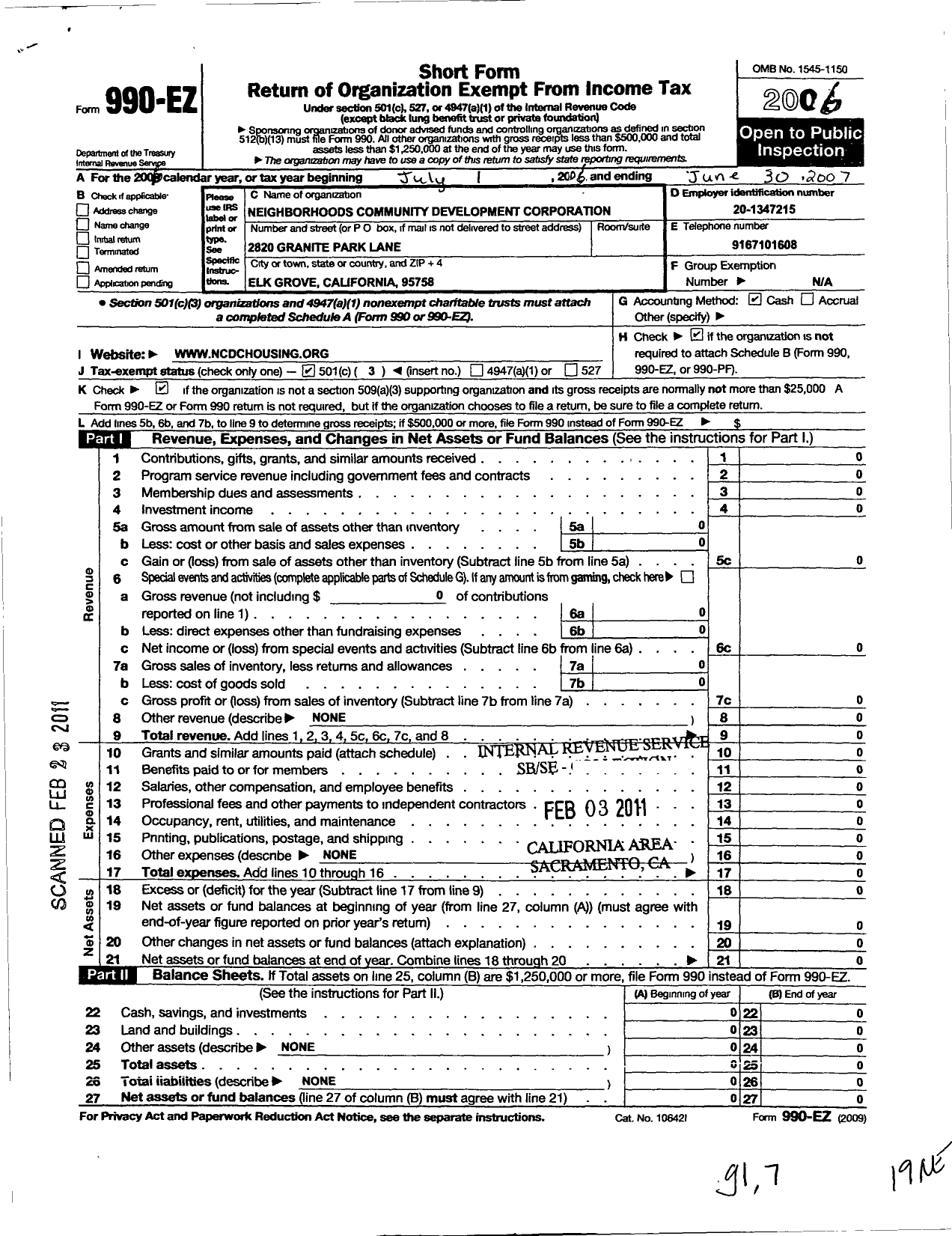 Image of first page of 2006 Form 990EZ for Neighborhoods Community Development Corporation