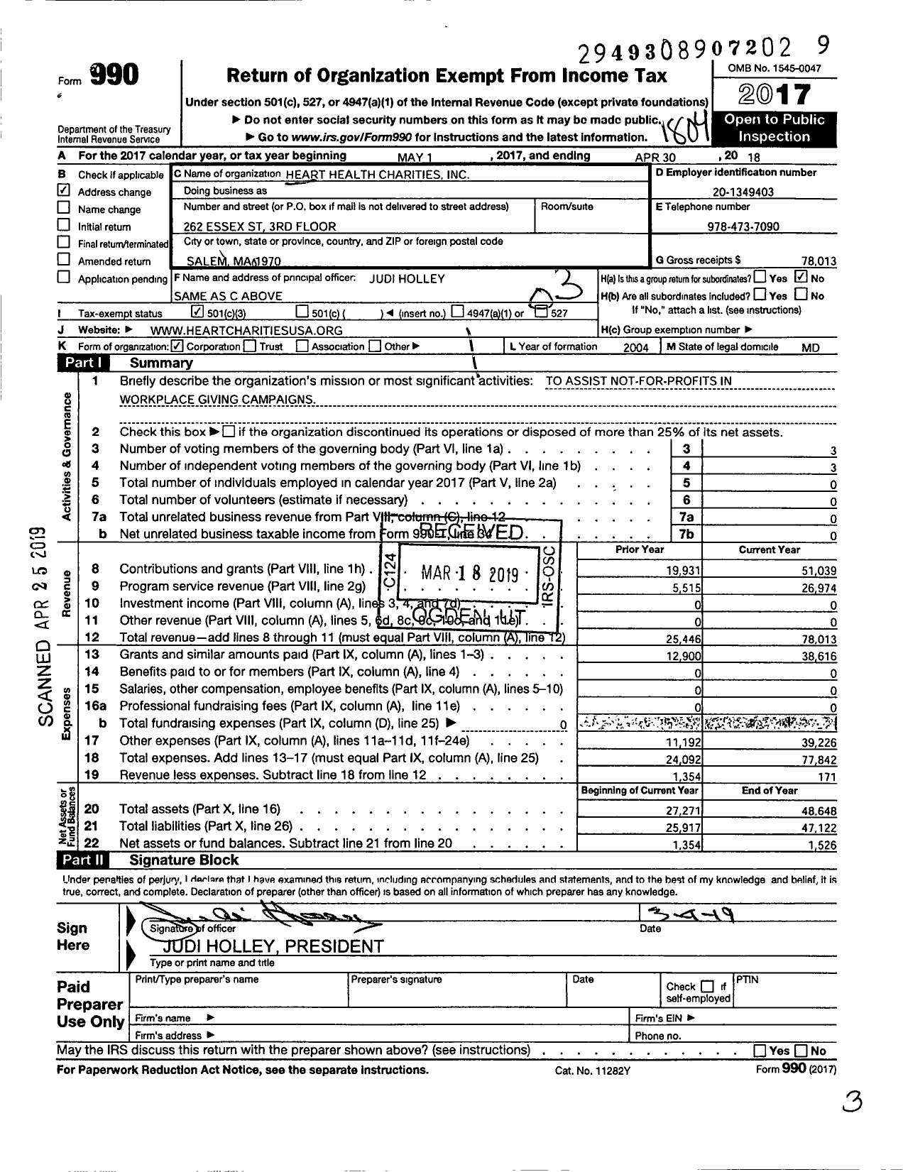 Image of first page of 2017 Form 990 for Heart Health Charities