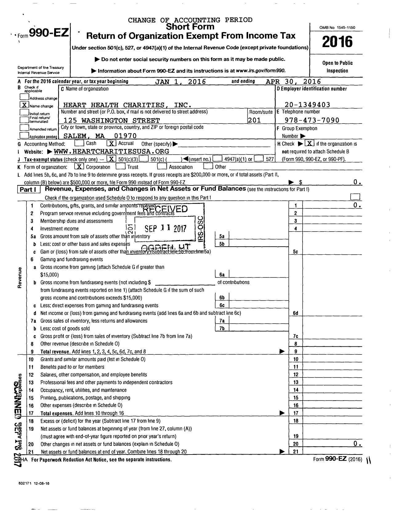 Image of first page of 2015 Form 990EZ for Heart Health Charities