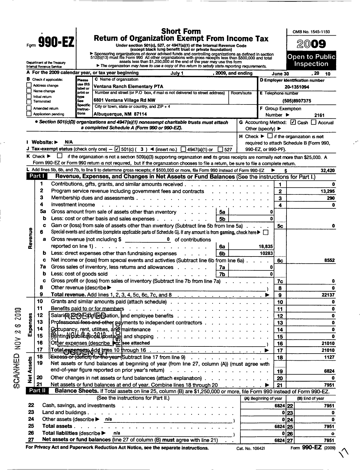 Image of first page of 2009 Form 990EZ for PTA New Mexico Congress / Ventana Ranch Elementary PTA