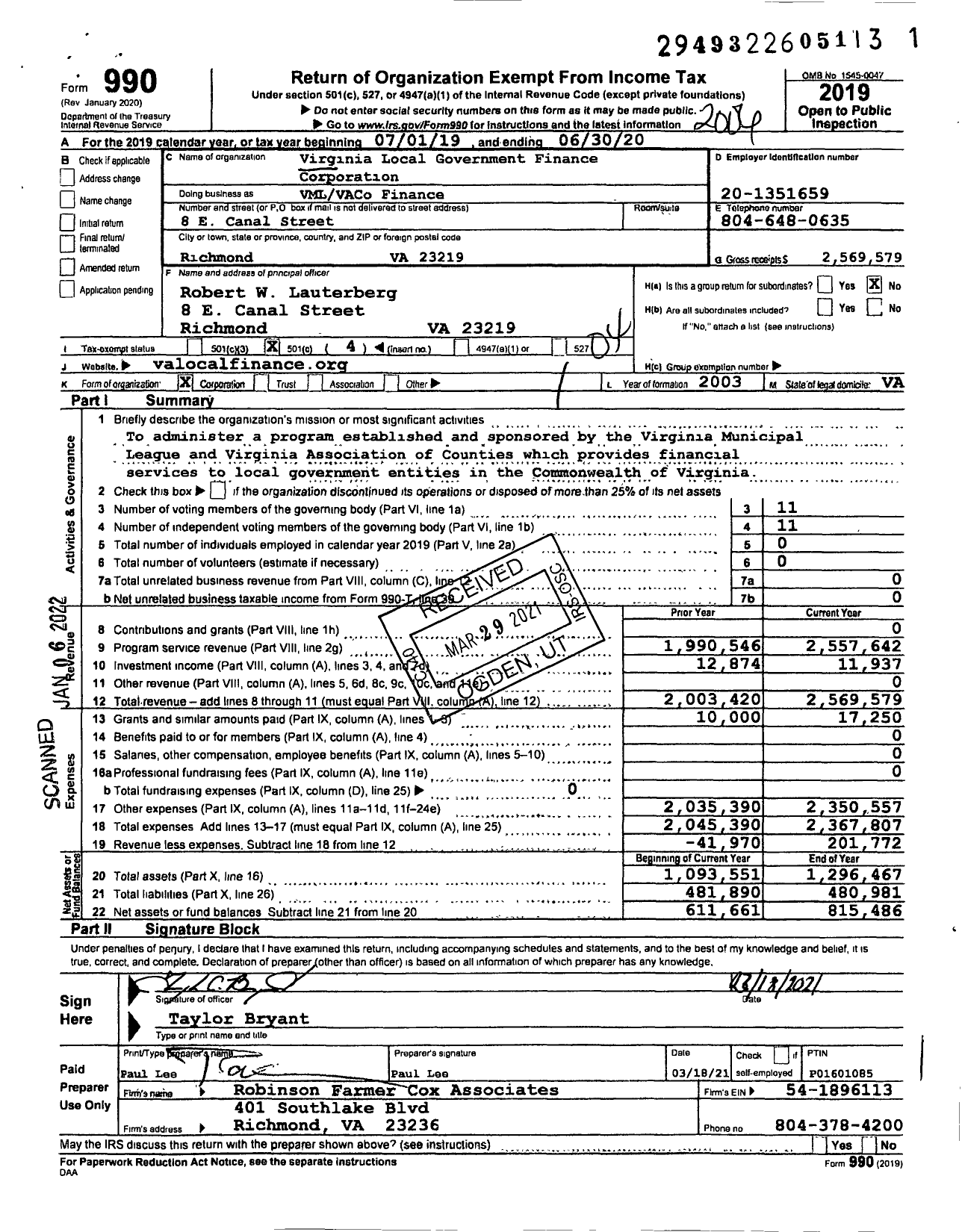 Image of first page of 2019 Form 990O for Vmlvaco Finance