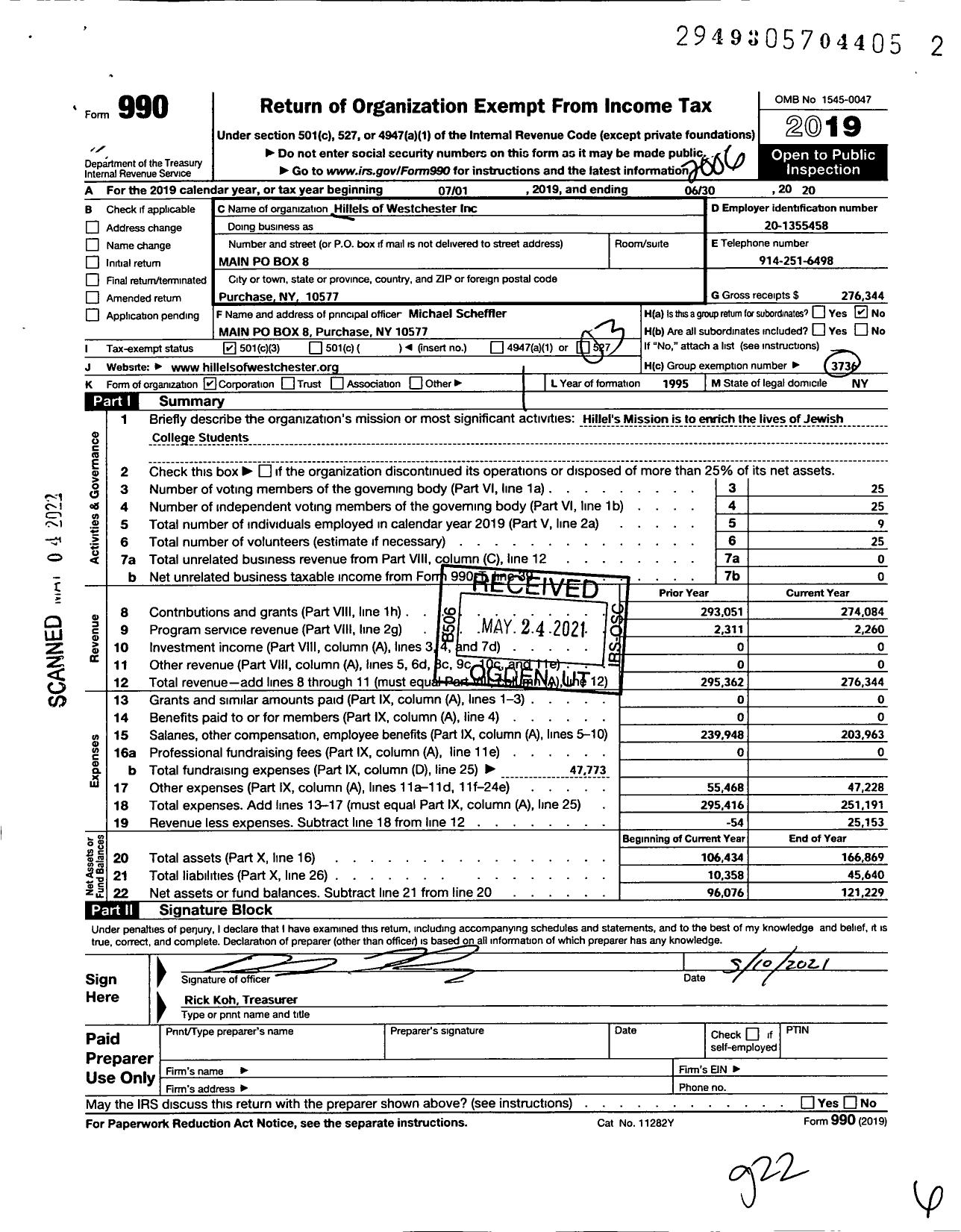 Image of first page of 2019 Form 990 for Hillels of Westchester