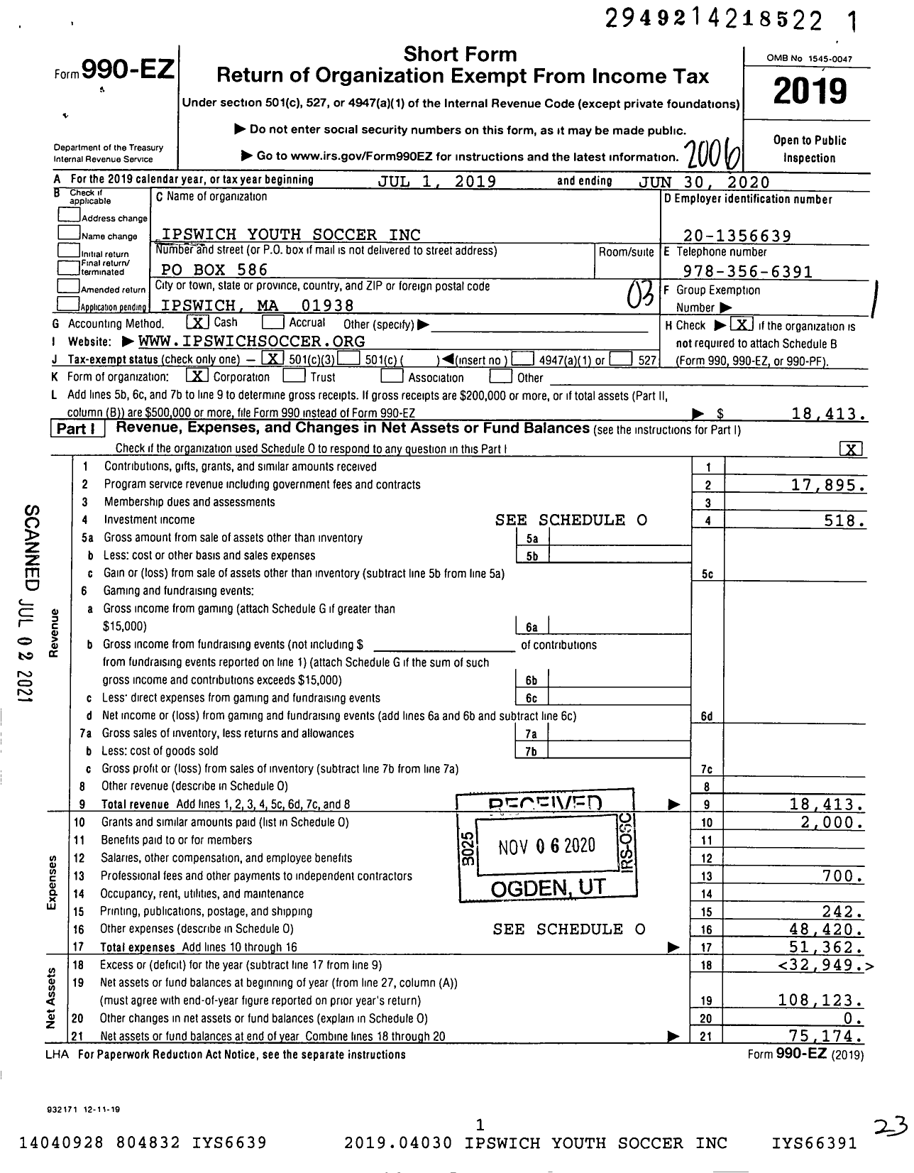 Image of first page of 2019 Form 990EZ for Ipswich Youth Soccer