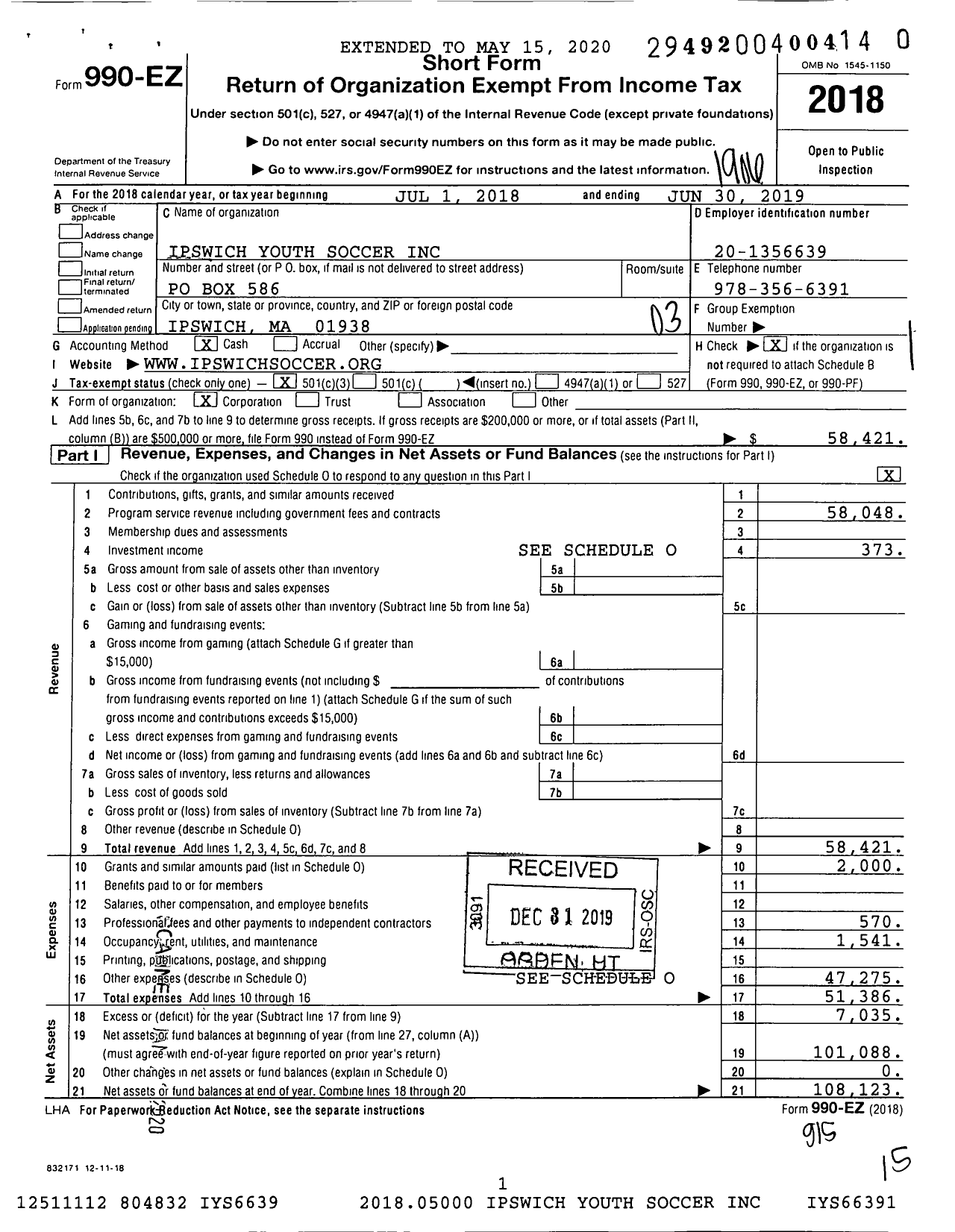 Image of first page of 2018 Form 990EZ for Ipswich Youth Soccer