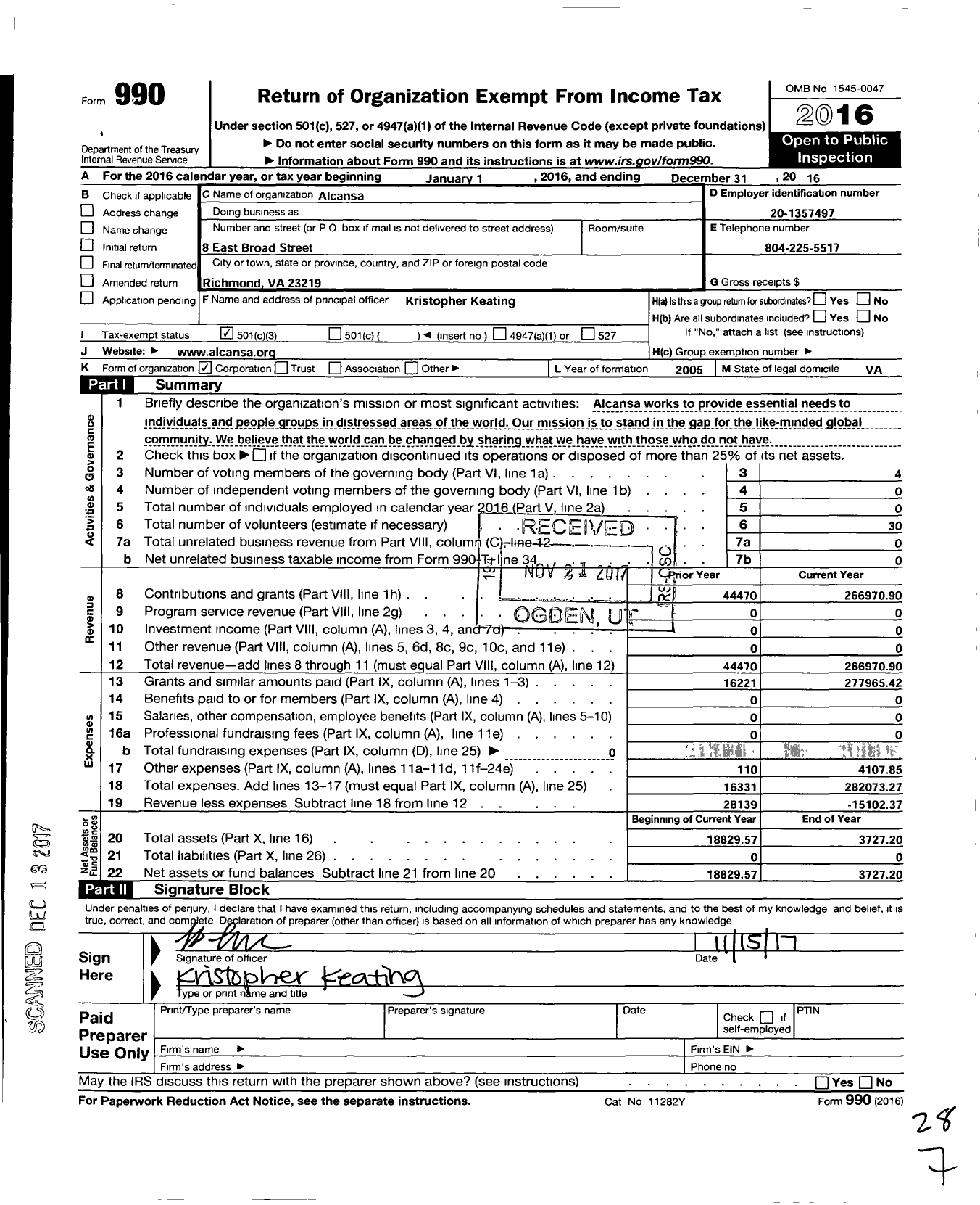 Image of first page of 2016 Form 990 for Alcansa