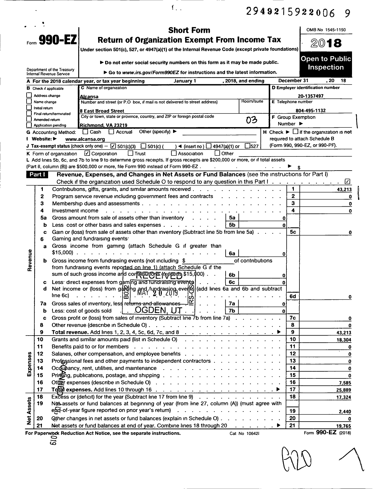 Image of first page of 2018 Form 990EZ for Alcansa