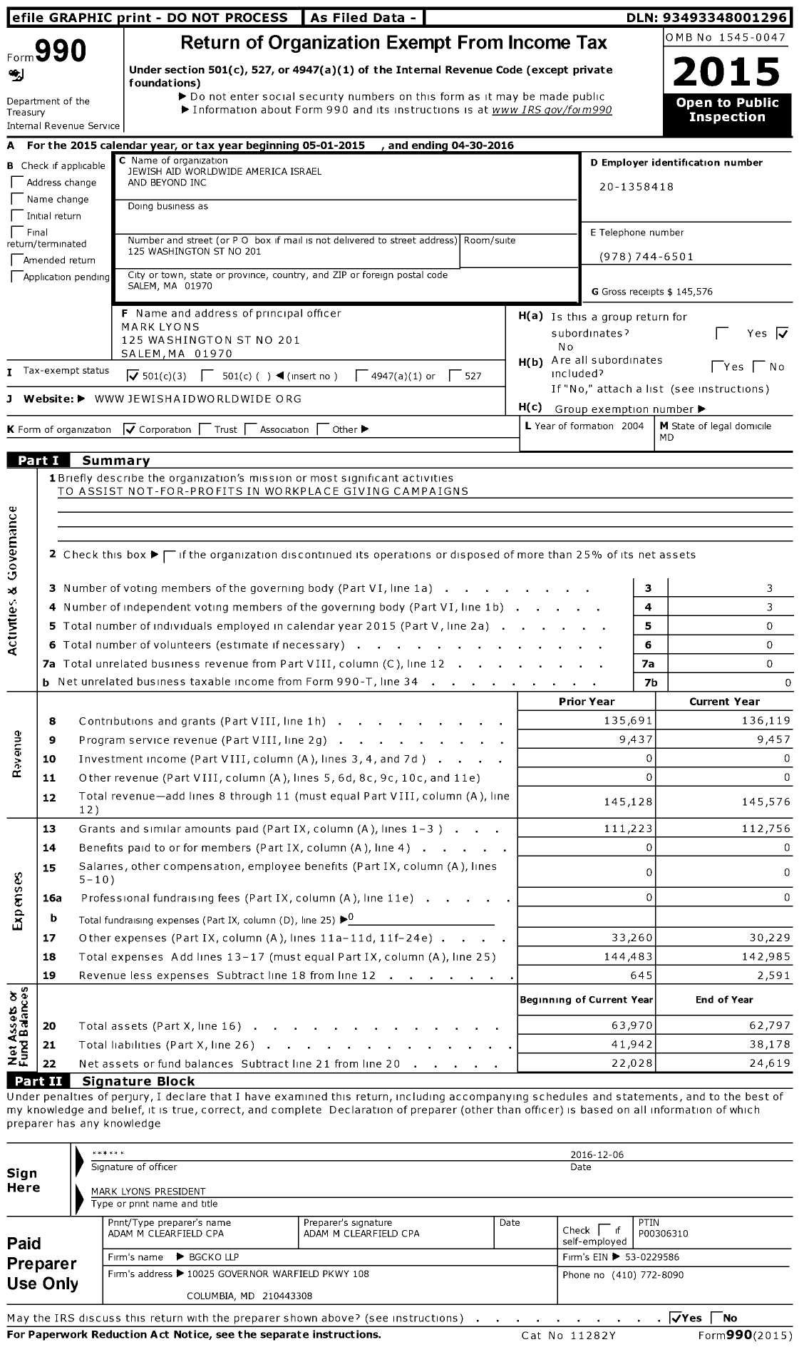 Image of first page of 2015 Form 990 for Jewish Aid Worldwide America Israel and Beyond