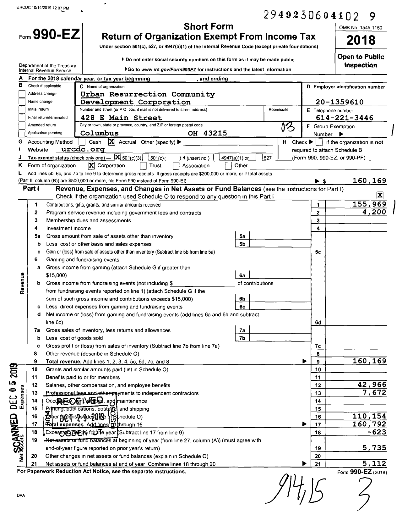 Image of first page of 2018 Form 990EZ for Urban Resurrection Community Development Corporation