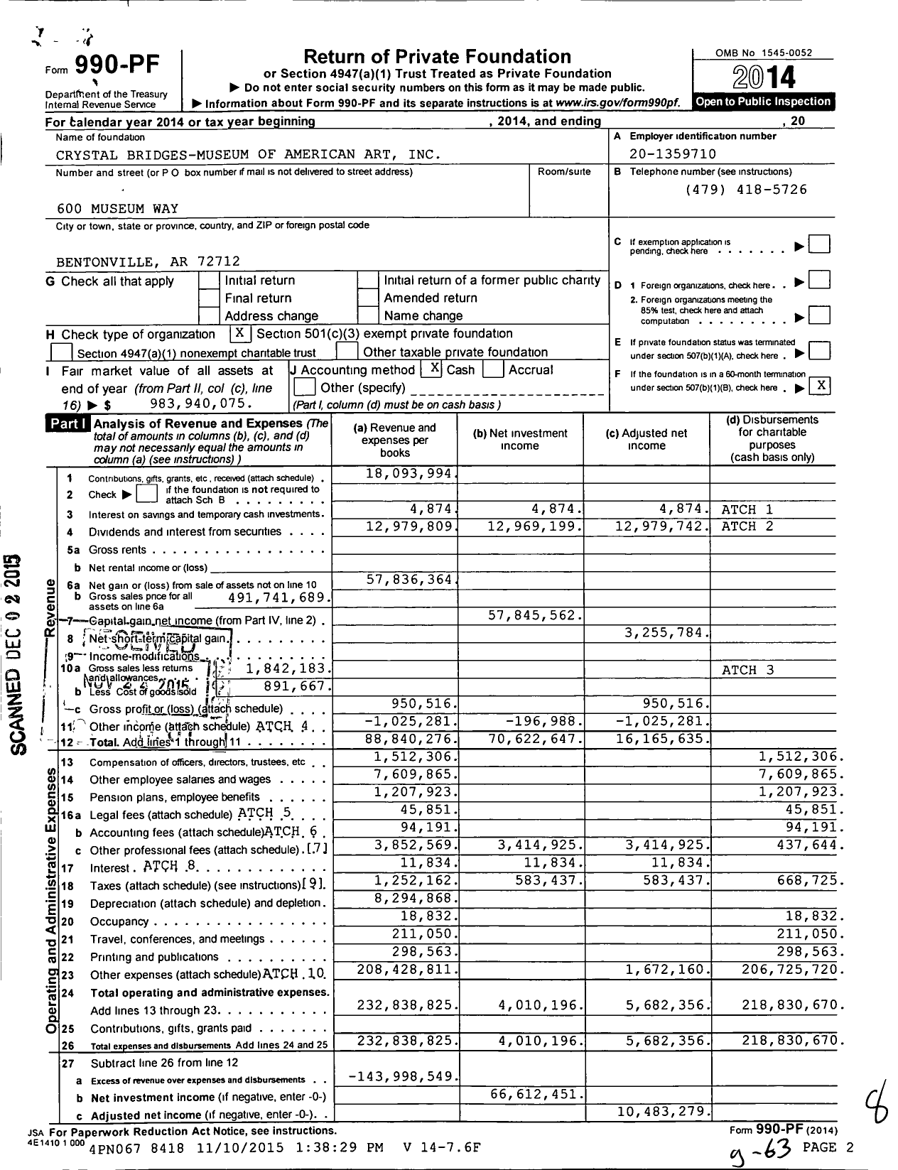 Image of first page of 2014 Form 990PF for Crystal Bridges Museum of American Art