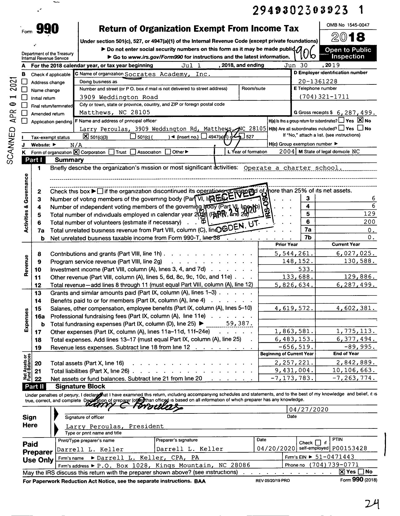 Image of first page of 2018 Form 990 for Socrates Academy