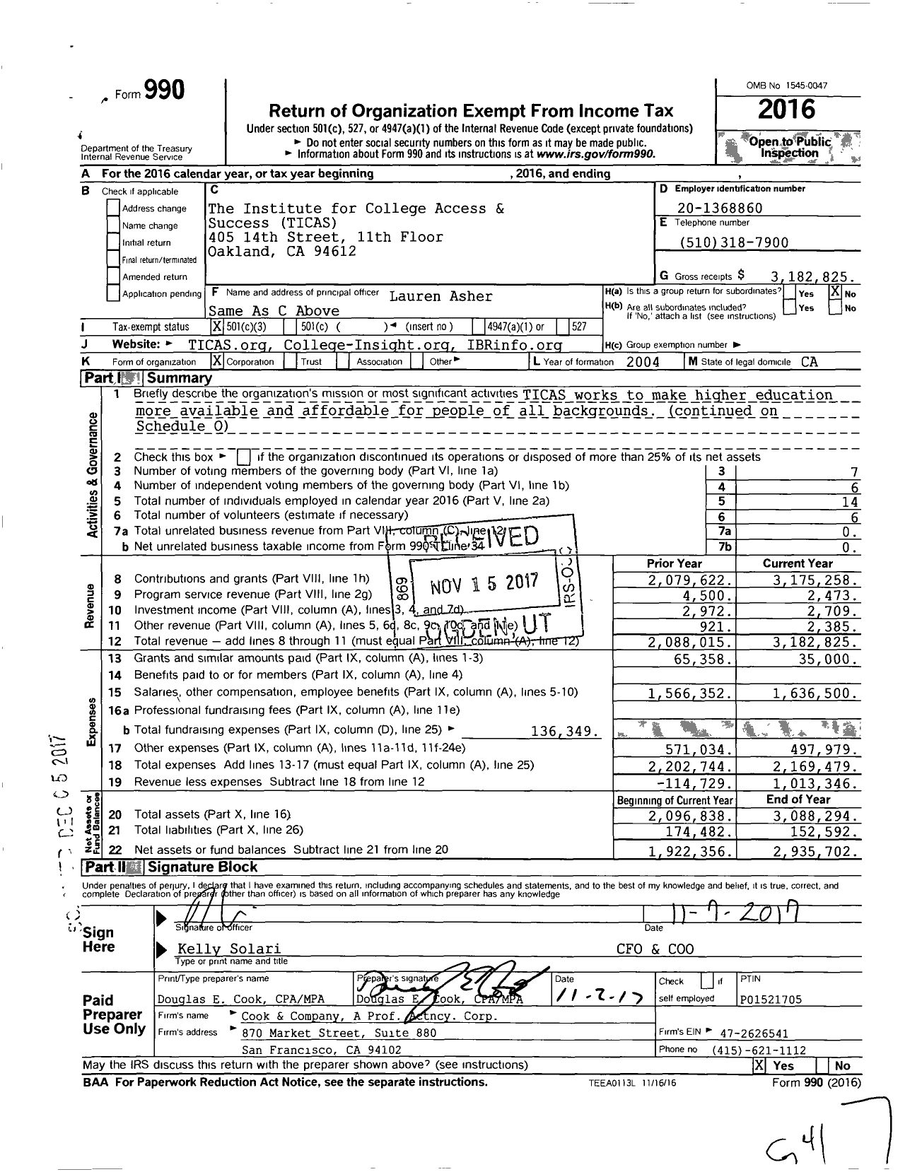 Image of first page of 2016 Form 990 for The Institute for College Access & Success