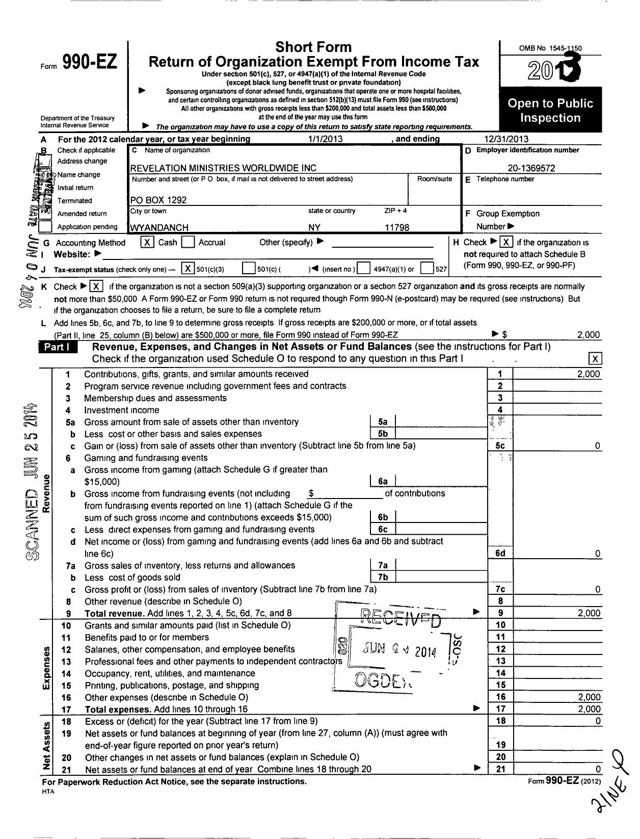 Image of first page of 2013 Form 990EZ for Revelation Ministries Worldwide