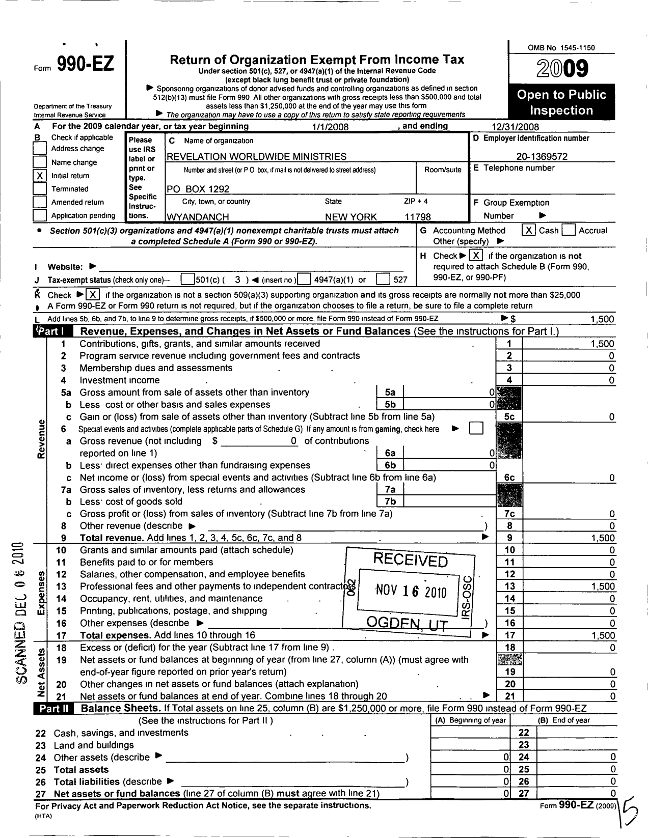 Image of first page of 2008 Form 990EZ for Revelation Ministries Worldwide