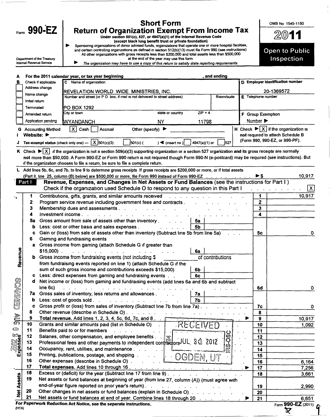 Image of first page of 2011 Form 990EZ for Revelation Ministries Worldwide