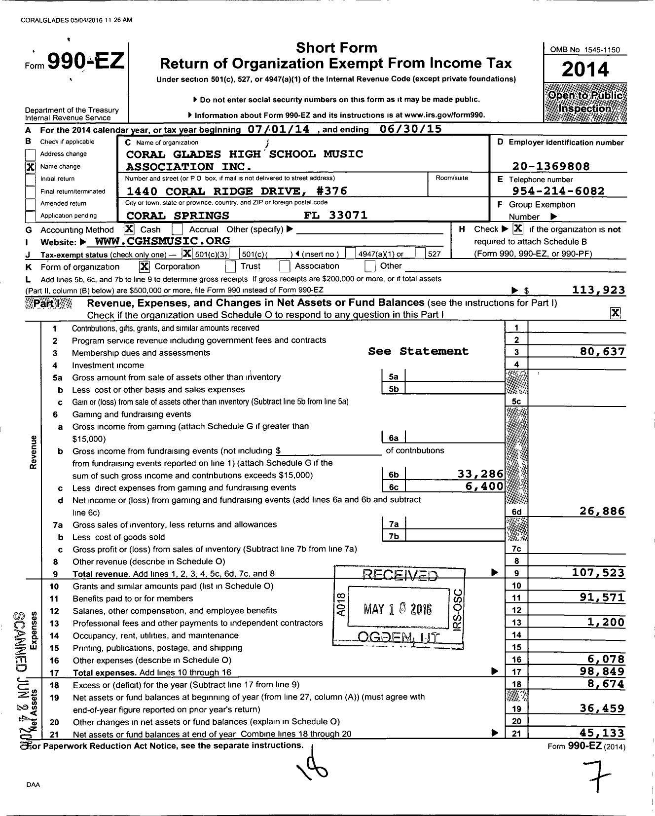 Image of first page of 2014 Form 990EZ for Coral Glades High School Music Association