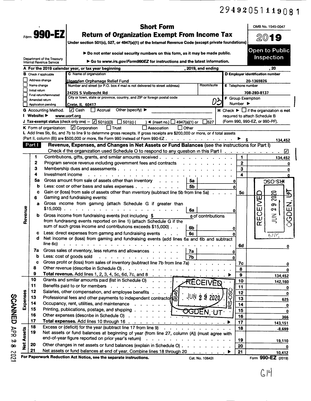 Image of first page of 2019 Form 990EZ for Ugandan Orphanage Relief Fund