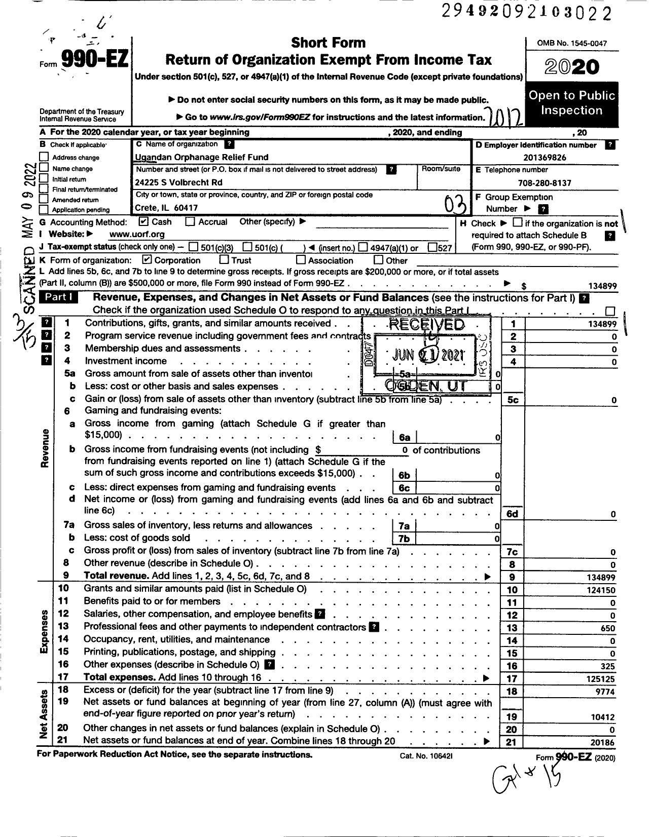 Image of first page of 2020 Form 990EZ for Ugandan Orphanage Relief Fund