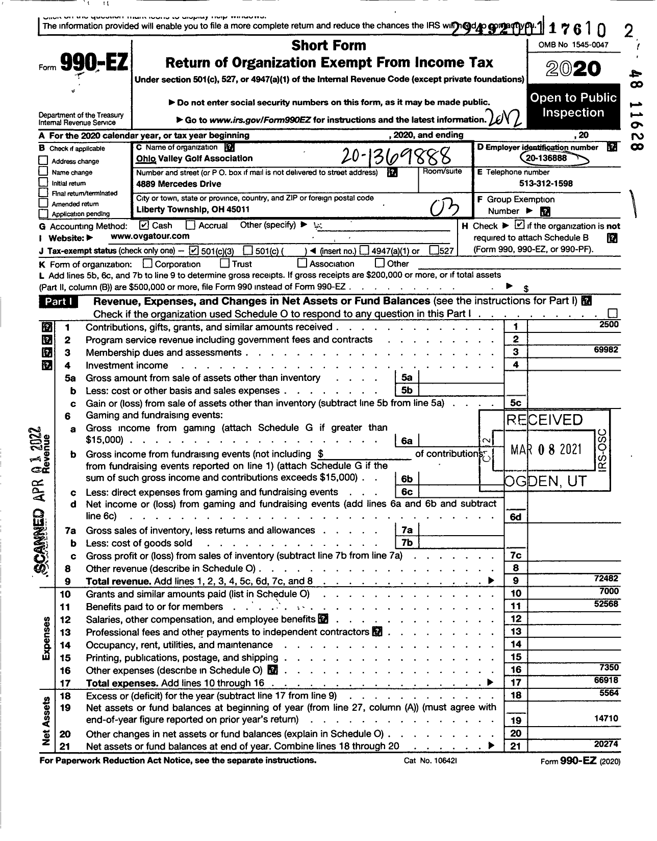 Image of first page of 2020 Form 990EZ for Ohio Valley Golf Association