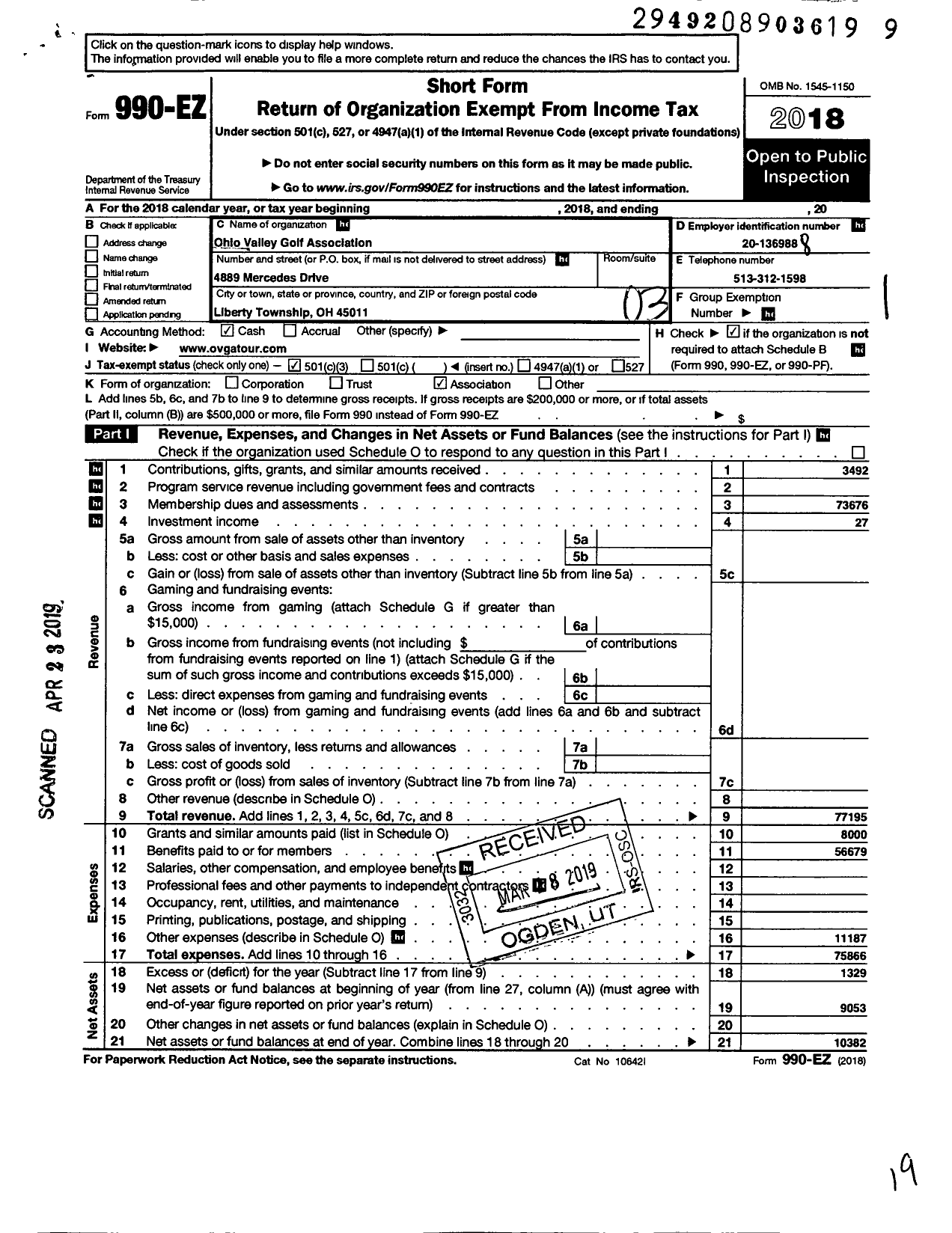 Image of first page of 2018 Form 990EZ for Ohio Valley Golf Association