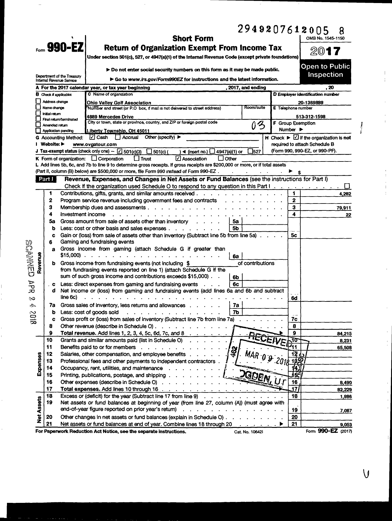 Image of first page of 2017 Form 990EZ for Ohio Valley Golf Association