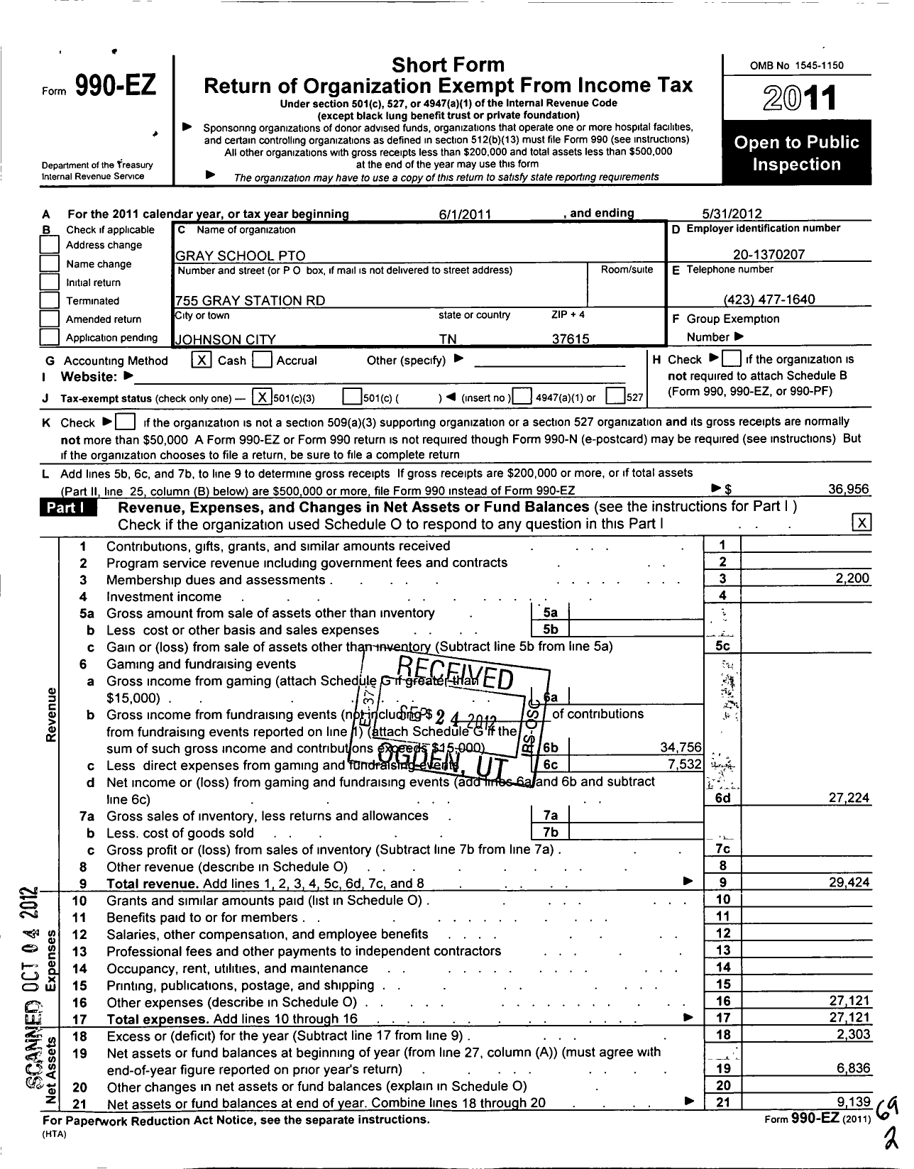 Image of first page of 2011 Form 990EZ for Gray School Pto