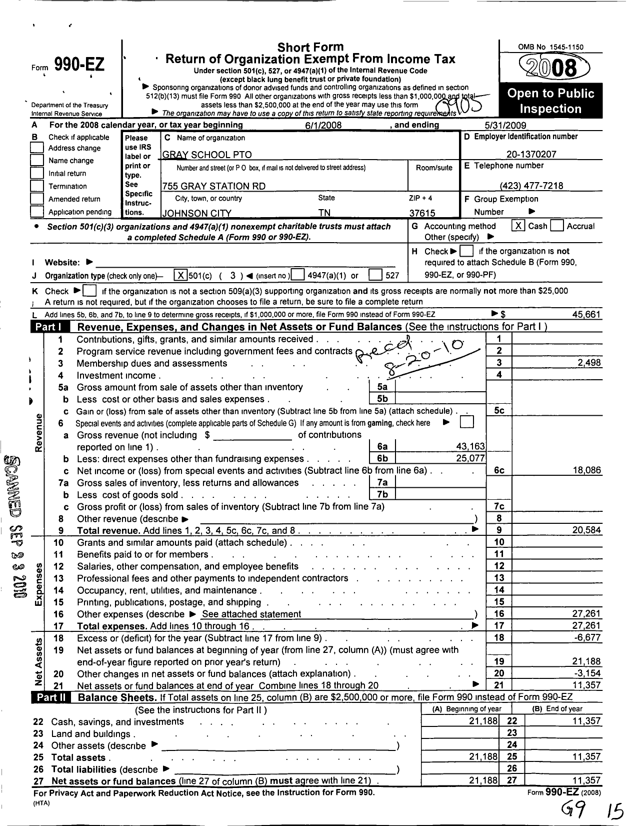 Image of first page of 2008 Form 990EZ for Gray School Pto