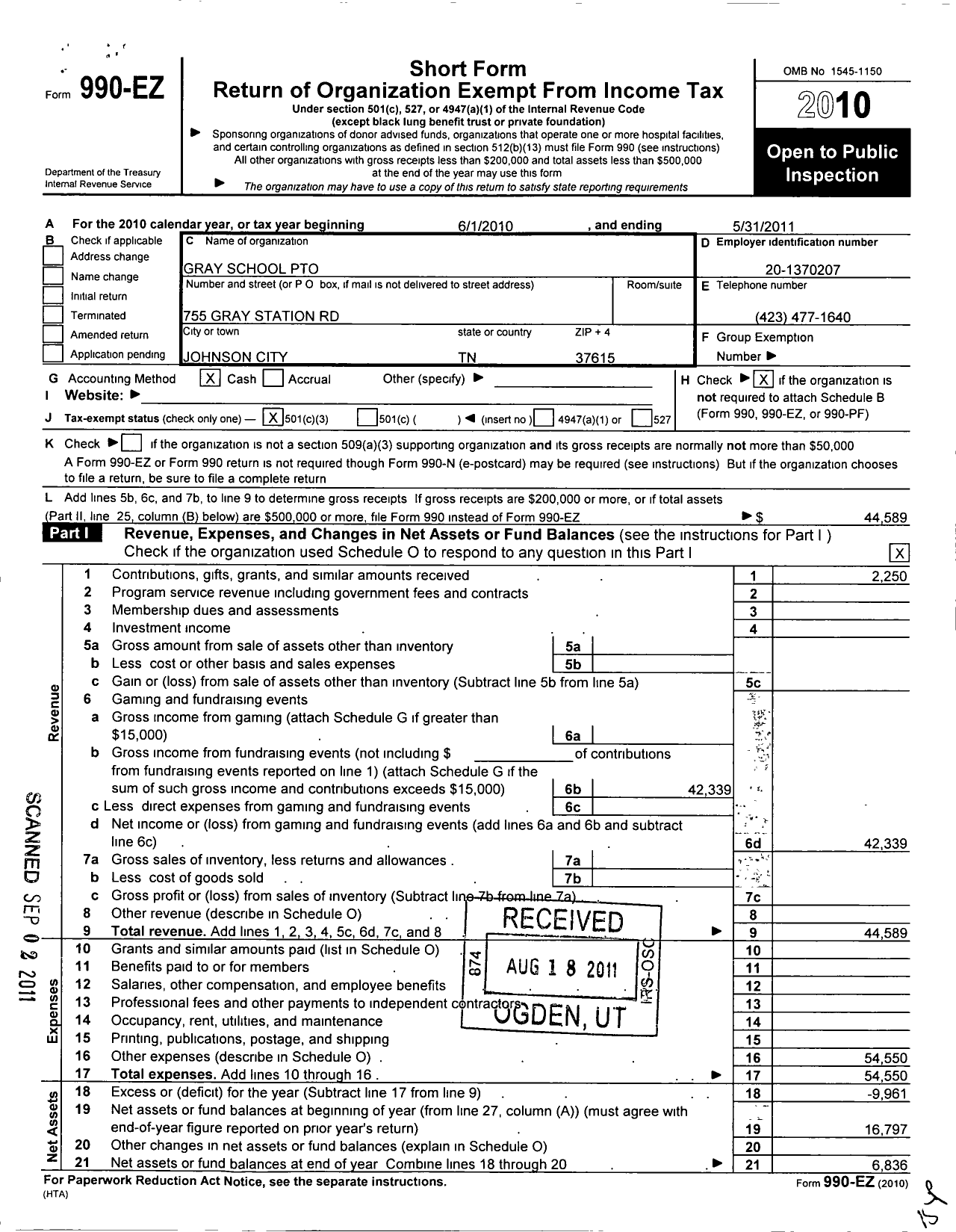 Image of first page of 2010 Form 990EZ for Gray School Pto