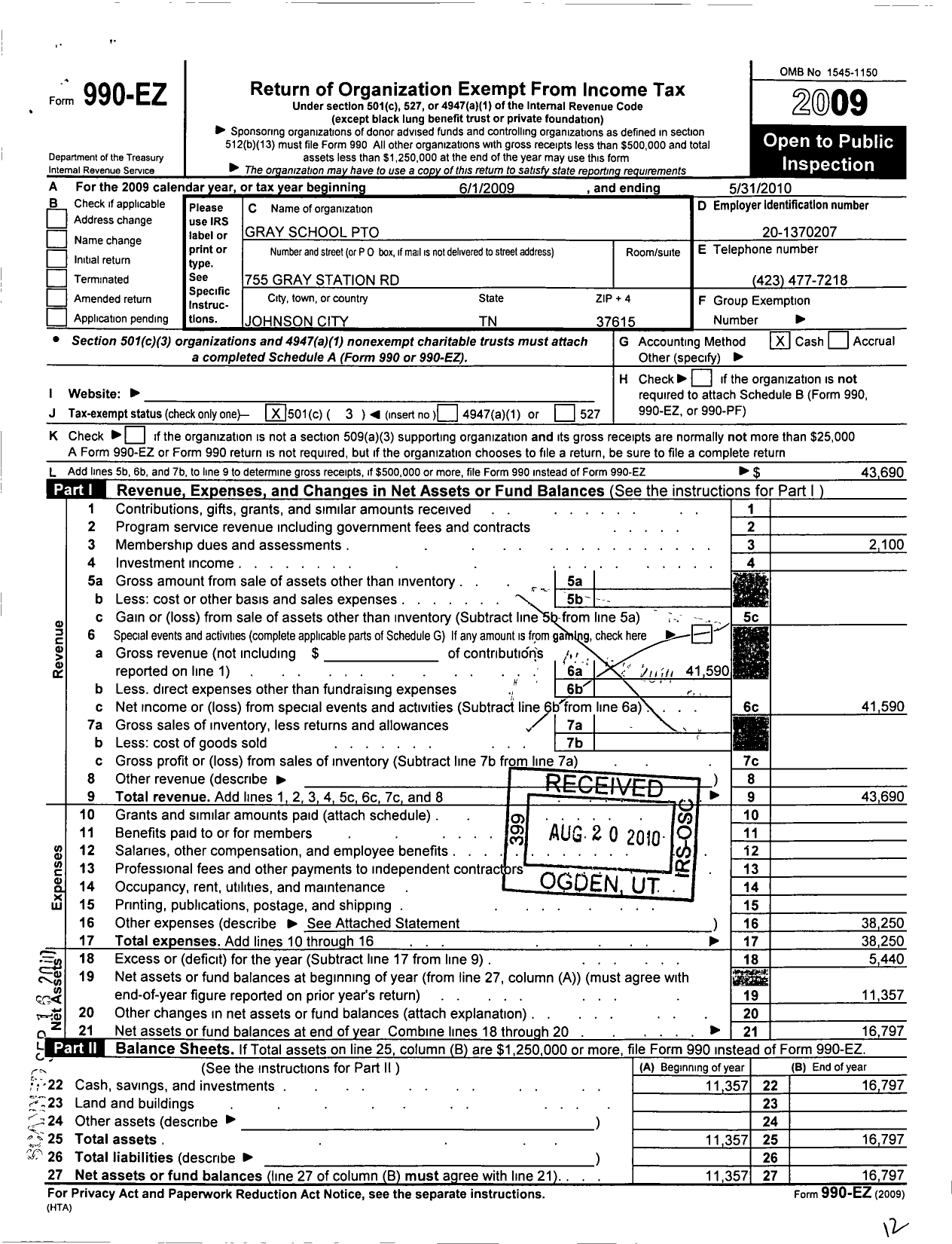 Image of first page of 2009 Form 990EZ for Gray School Pto