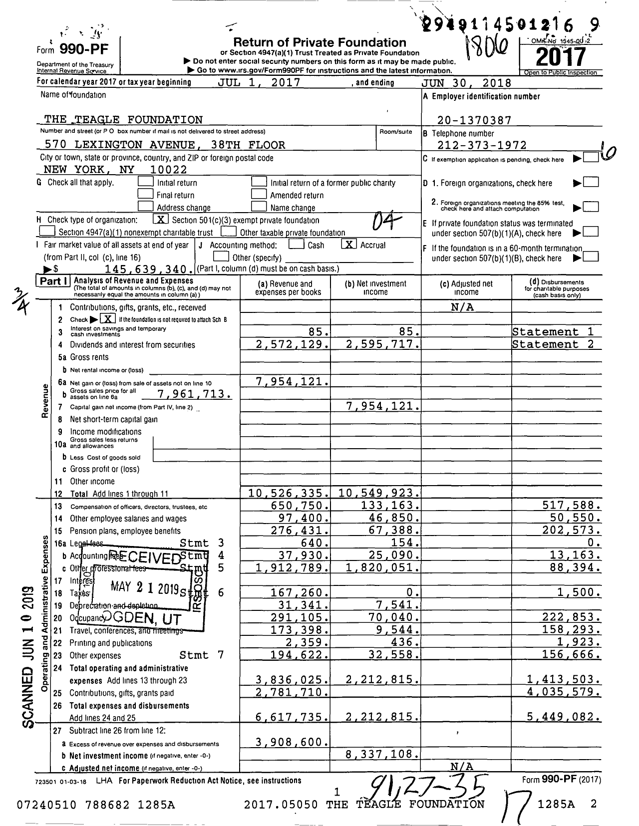 Image of first page of 2017 Form 990PF for Teagle Foundation