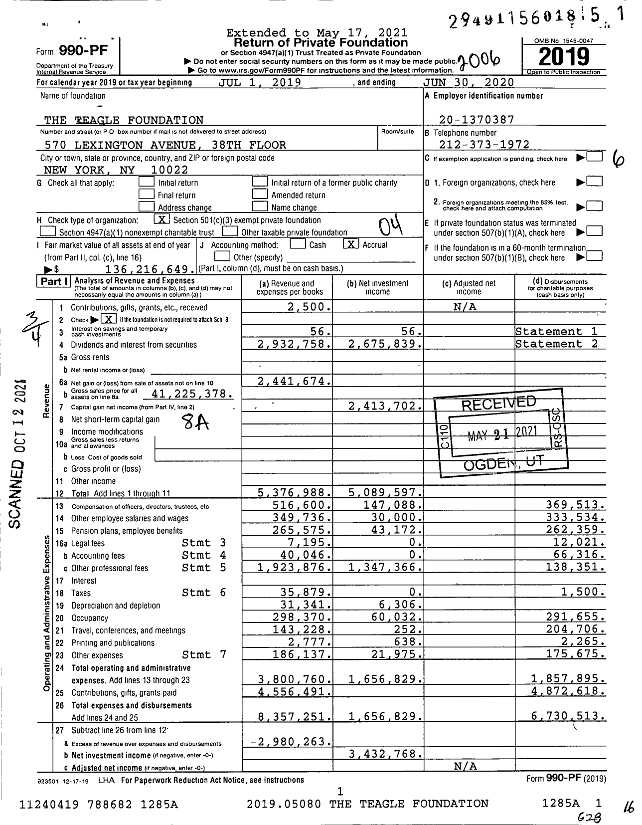Image of first page of 2019 Form 990PF for Teagle Foundation