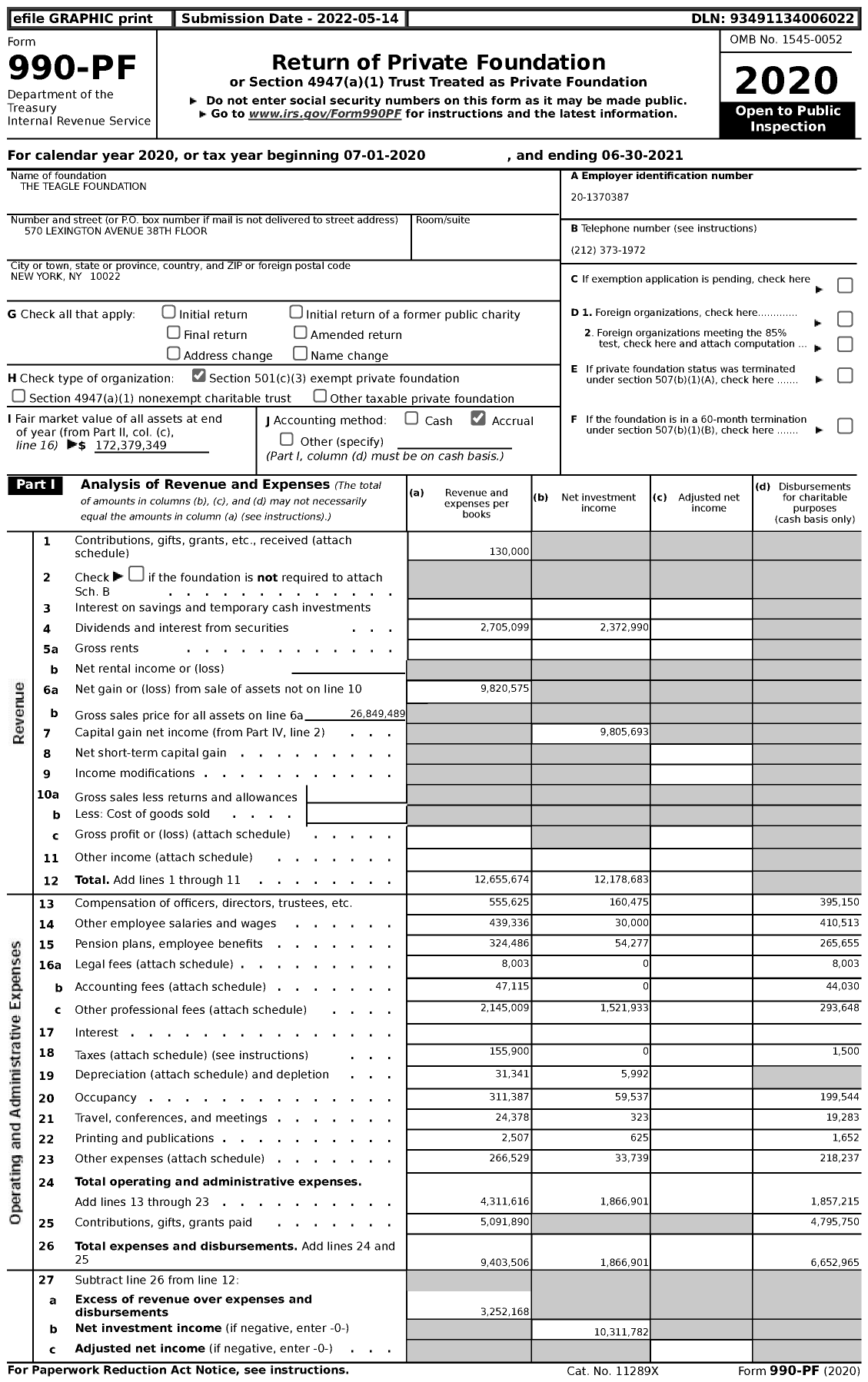 Image of first page of 2020 Form 990PF for Teagle Foundation