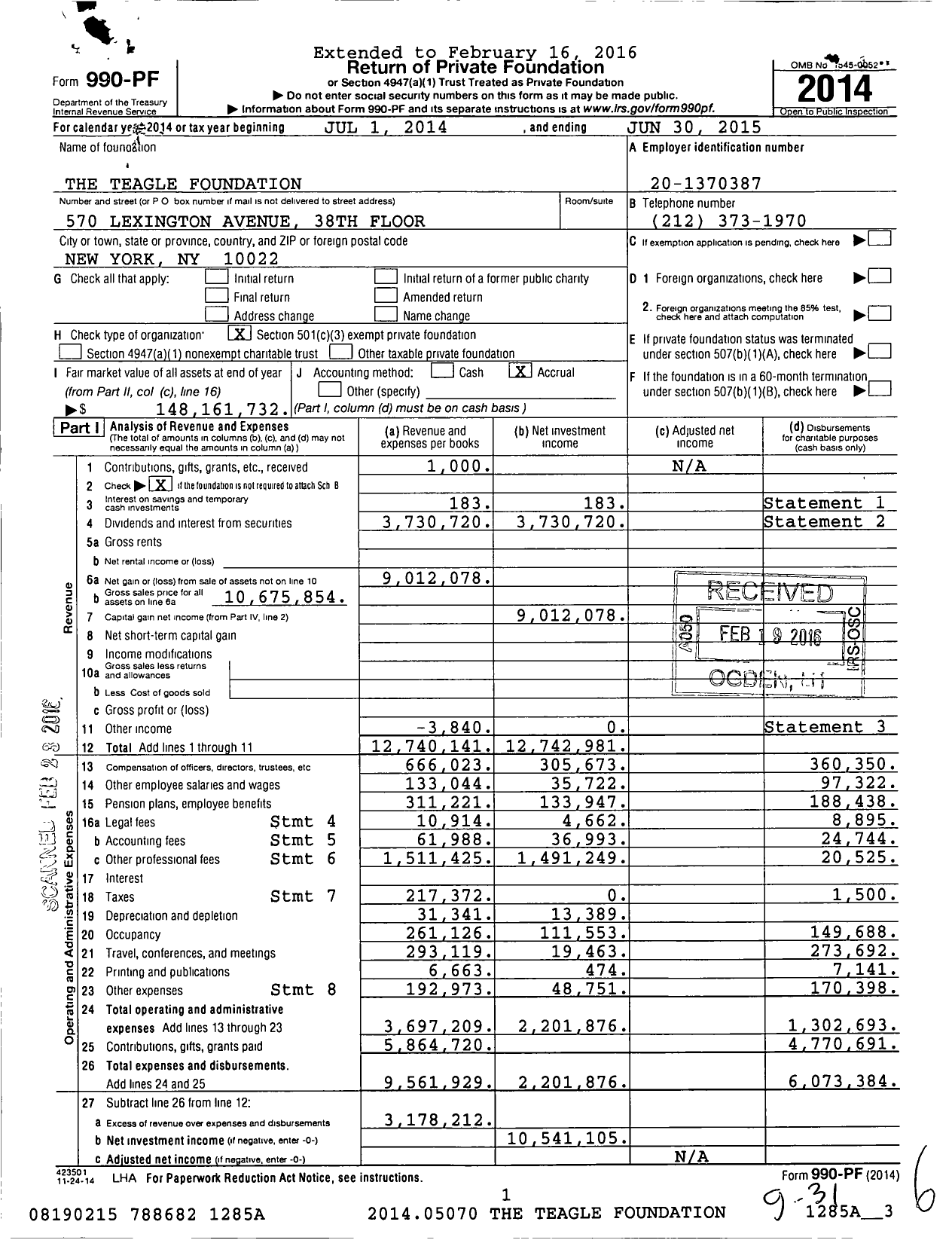 Image of first page of 2014 Form 990PF for Teagle Foundation